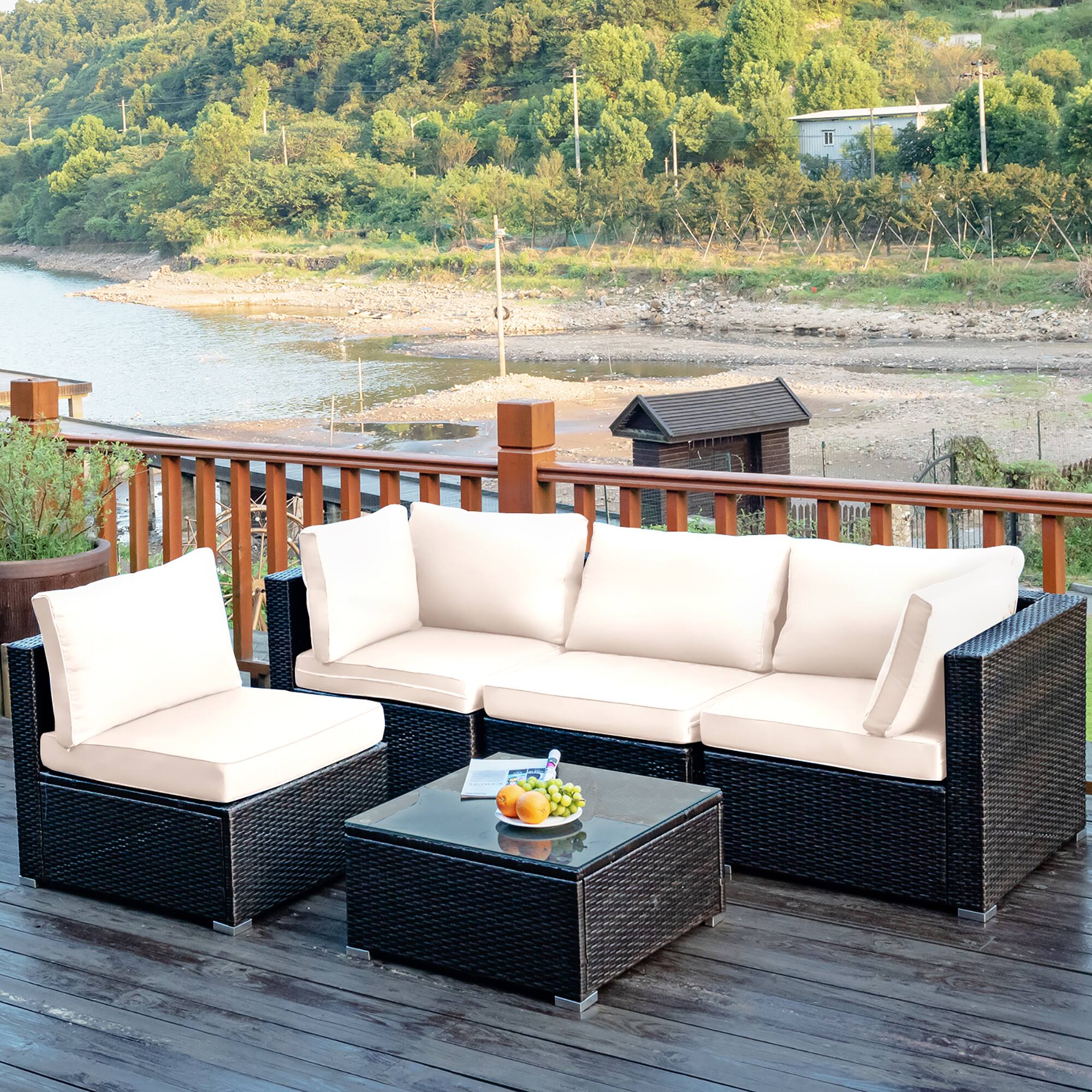 Alt View 3. Costway - 5PCS Patio Rattan Furniture Set Cushioned Sofa Chair Coffee Table - White.