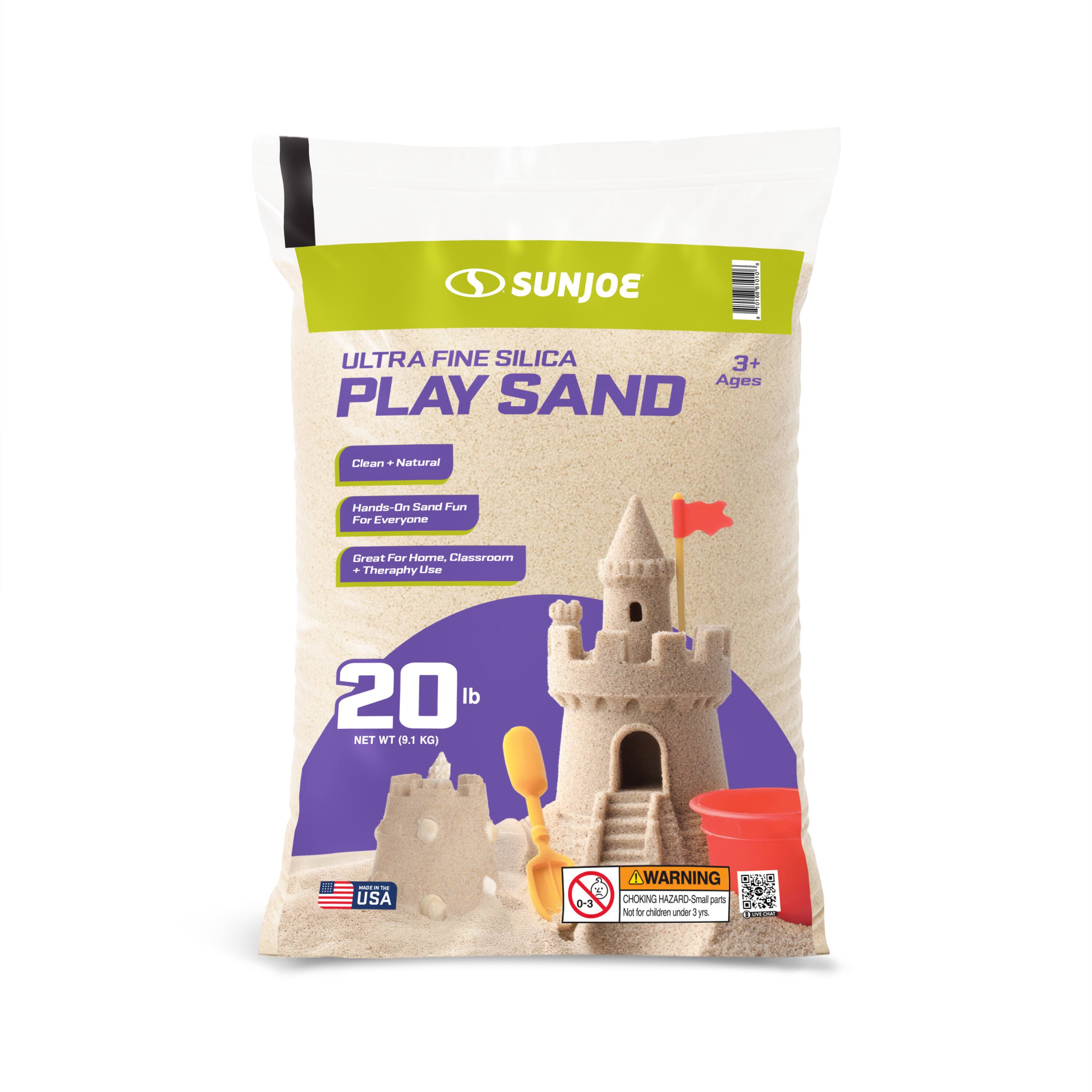 SUNJOE! ULTRA FINE SILICA PLAY SAND  
Clean - Natural  
Hands-On Sand Fun For Everyone  
Great For Home, Classroom - Therapy Use  
20 lb NET WT (9.1 KG)  
USA  
3+ Ages  
WARNING: CHOKING HAZARD - Small parts. Not for children under 3 yrs.