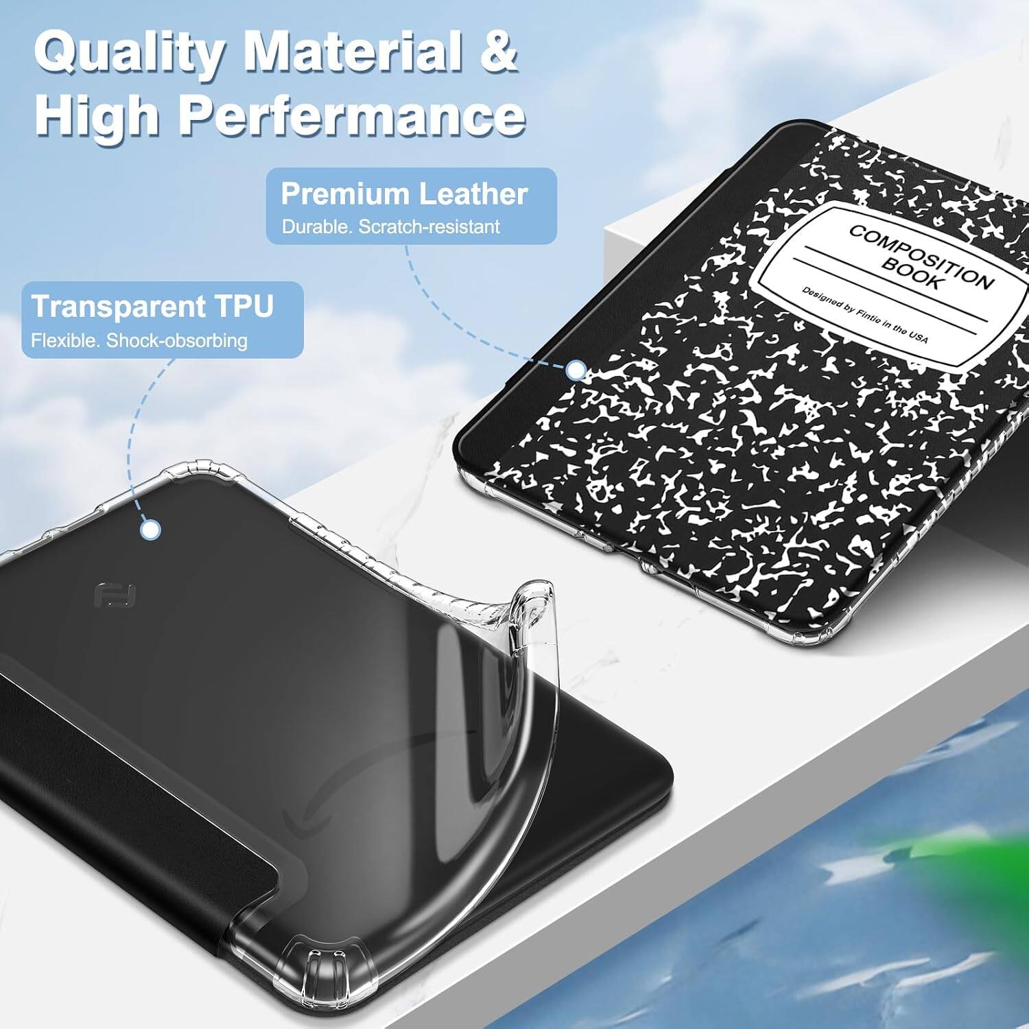 Quality Material & High Performance

Premium Leather
Durable. Scratch-resistant

Transparent TPU
Flexible. Shock-absorbing

Designed by COMPOSITION BOOK Fintle in the USA