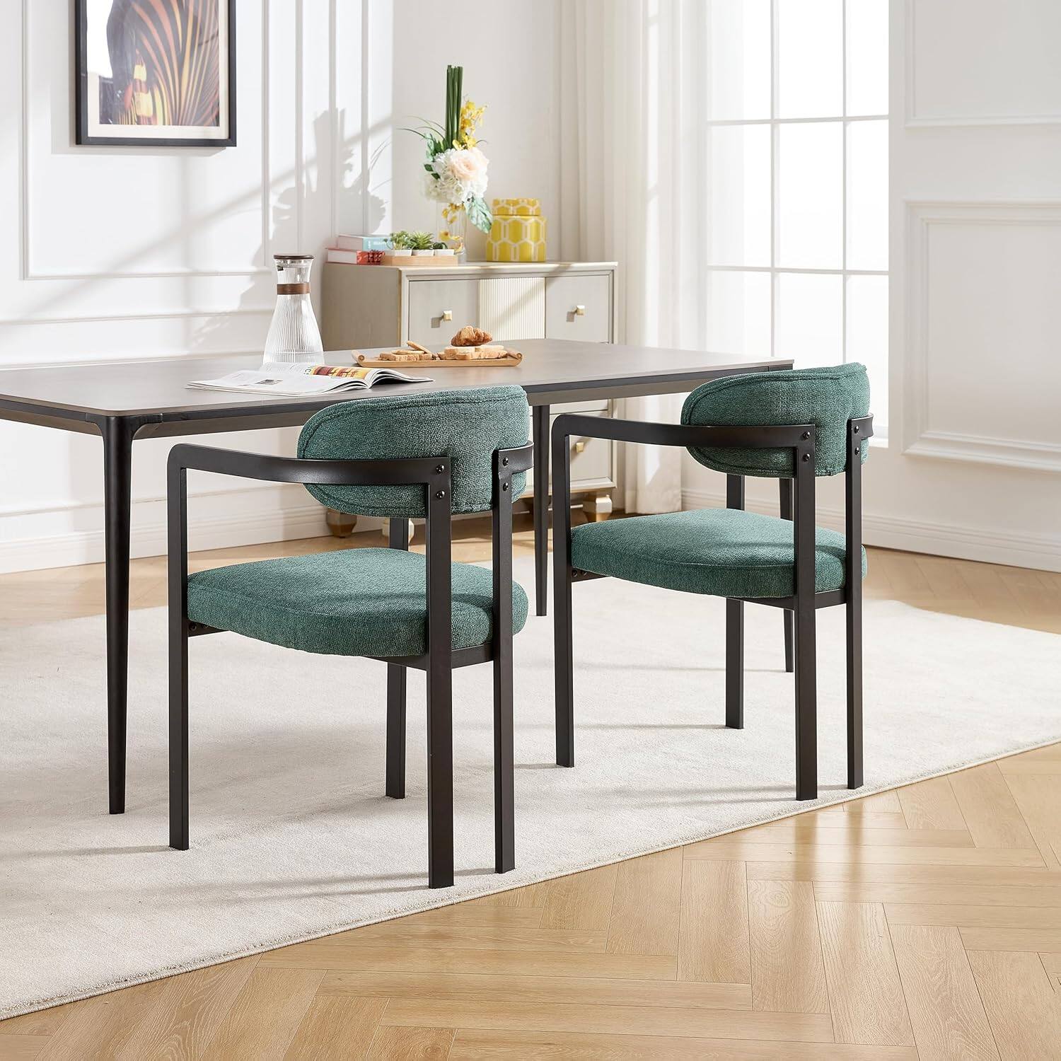 Alt View 5. Trinkets Crazed - Modern Dining Room Chairs Set of 2, Mid-Century Upholstered Boucle Kitchen Dining Chairs - green.