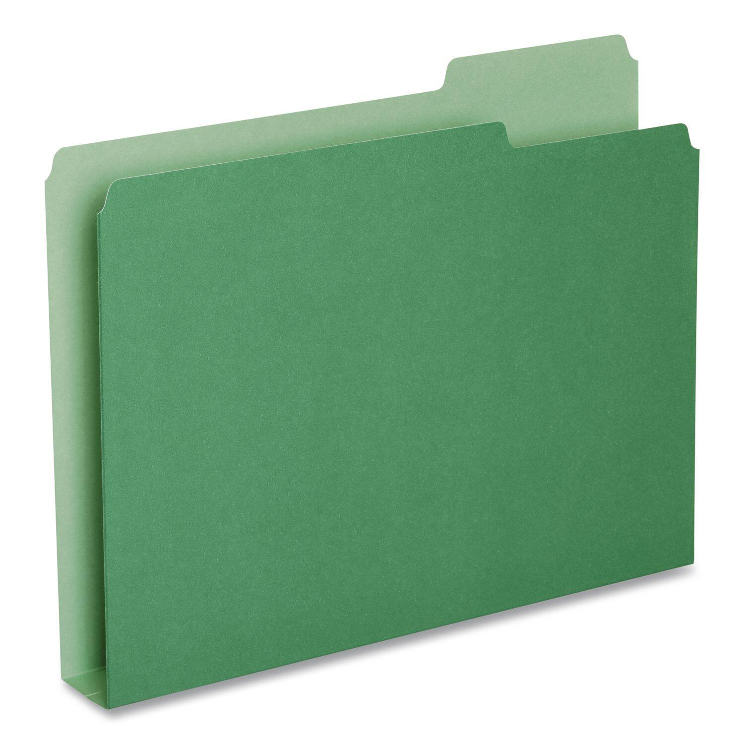 Angle. Tops Business Forms - Double Stuff File Folders, 1/3-Cut Tabs: Assorted, Letter Size, 1.5" Expansion, Green, 50/Pack.