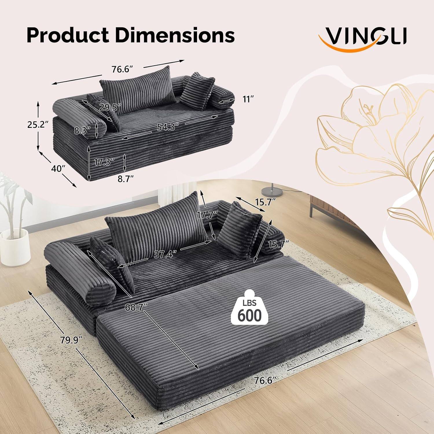 Product Dimensions:  
- Length: 76.6"  
- Width: 40"  
- Height: 25.2"  
- Depth: 11"  
- Seat Height: 17.3"  
- Armrest Height: 8.3"  
- Back Height: 29.5"  
- Seat Depth: 17.7"  
- Armrest Width: 15.7"  
- Overall Width: 79.9"  
- Overall Length: 76.6"  
- Weight Capacity: 600 LBS
