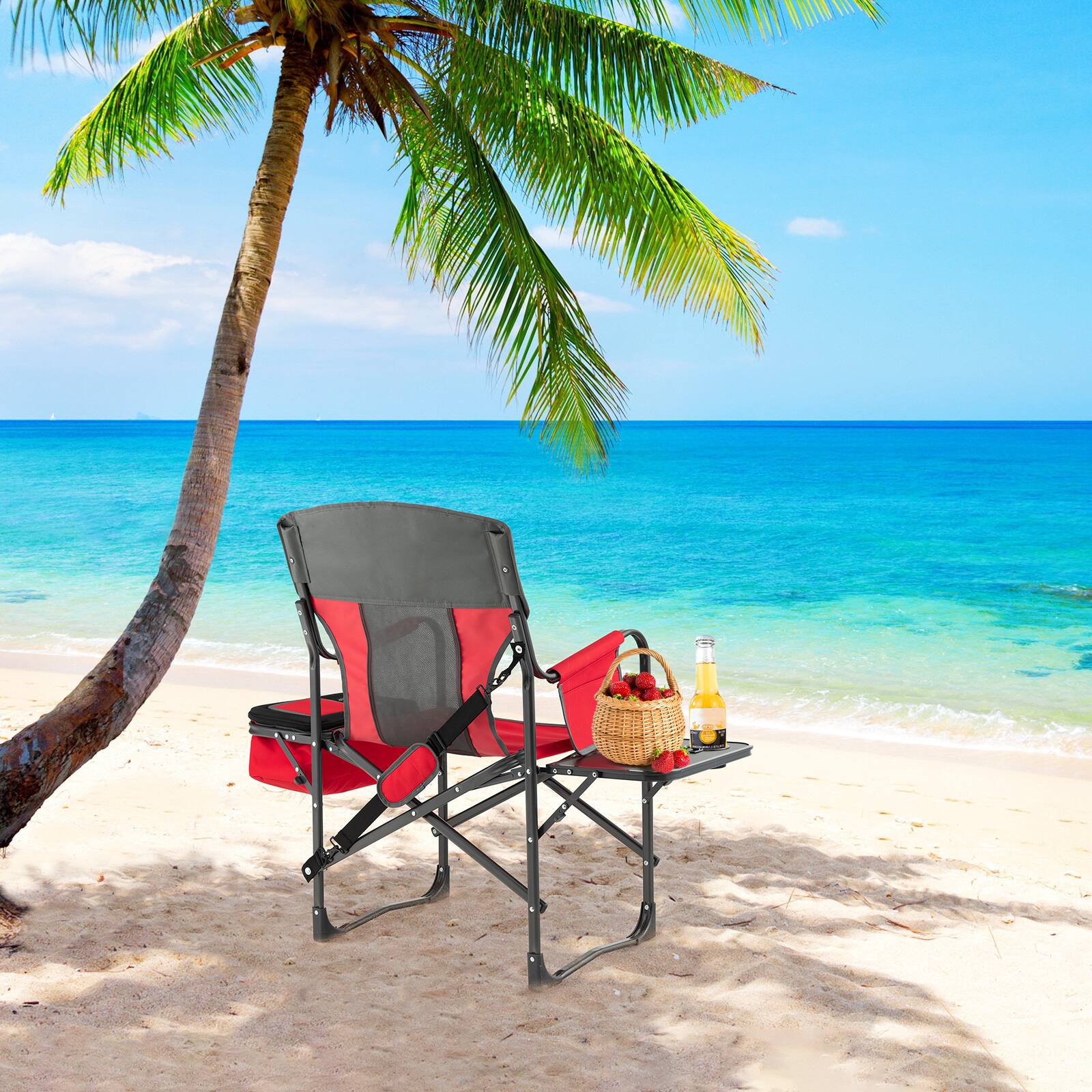 Left. Costway - Folding Camping Directors Chair Portable with Cooler Bag & Side Table Red - Red.