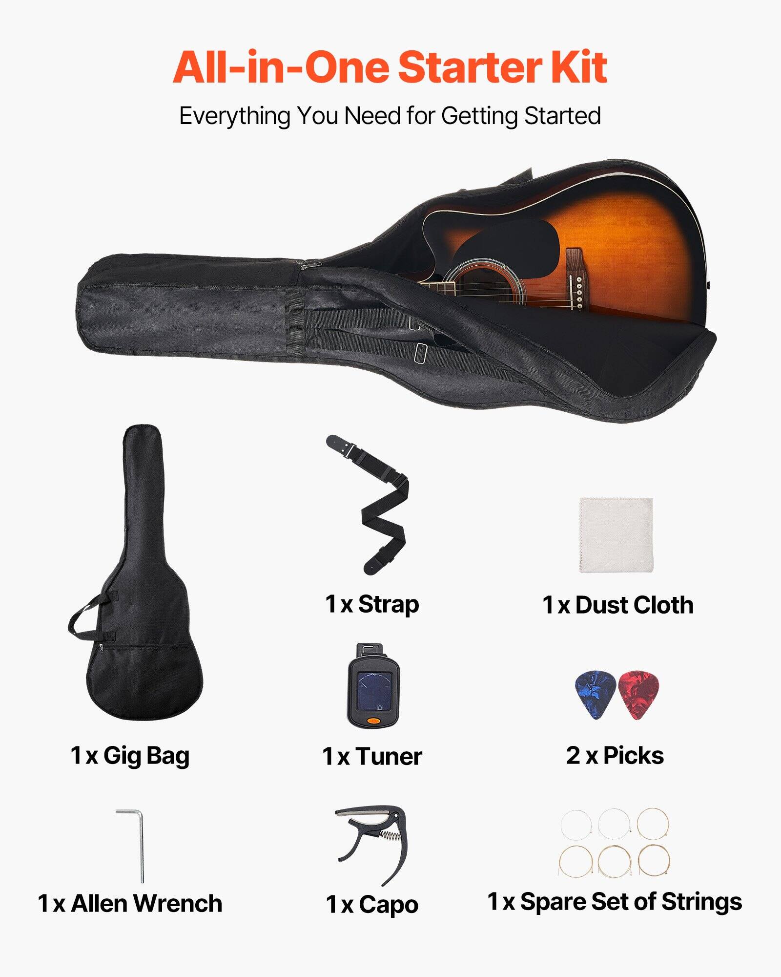 All-in-One Starter Kit  
Everything You Need for Getting Started  

- 1 x Strap  
- 1 x Dust Cloth  
- 1 x Gig Bag  
- 1 x Tuner  
- 2 x Picks  
- 1 x Allen Wrench  
- 1 x Capo  
- 1 x Spare Set of Strings