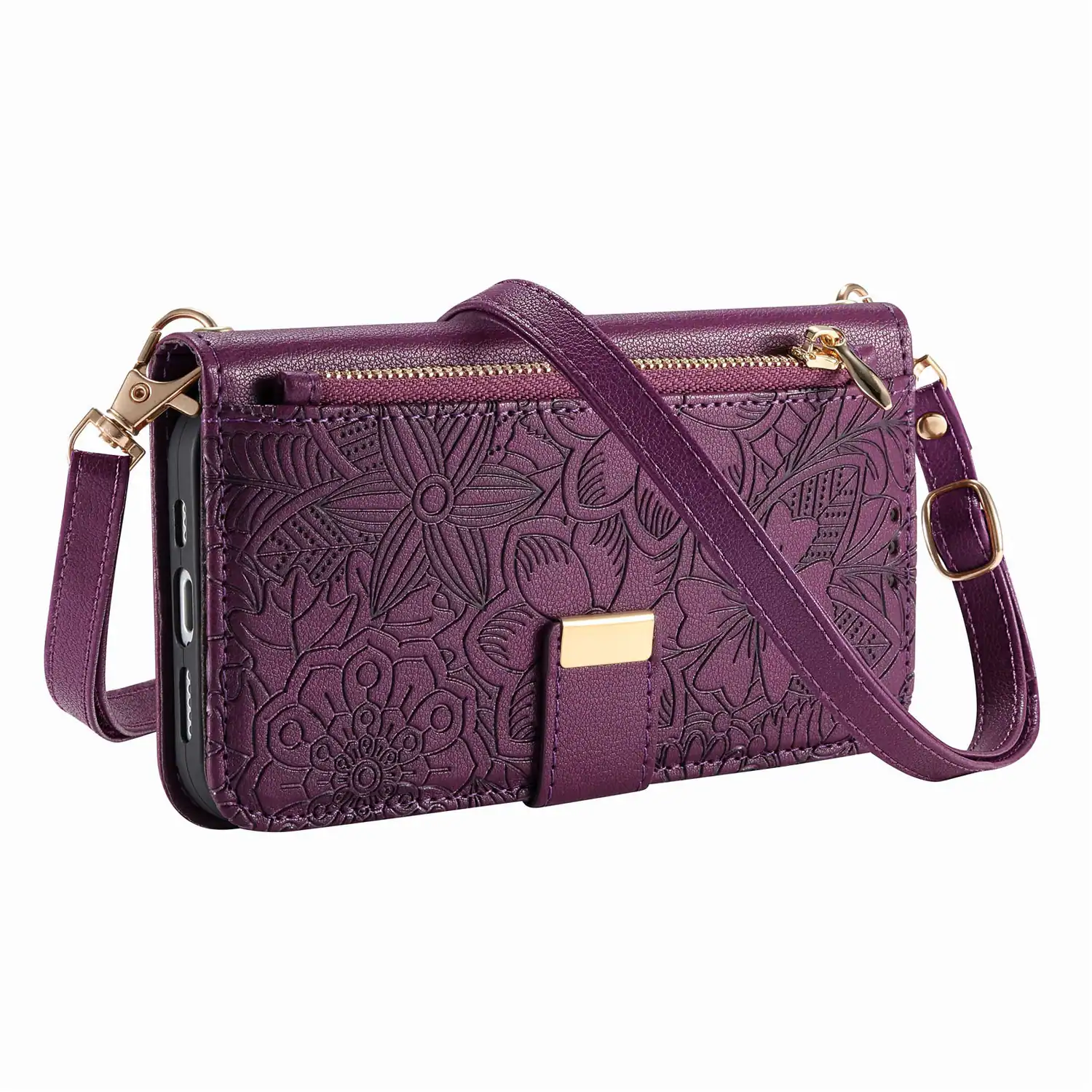 Alt View 1. Dteck - Floral Embossed Leather Zipper Cash Slot Wallet Case for Apple iPhone 16 with Detachable Strap - Purple.