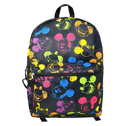 Front. UPD - Disney Mickey Mouse Black and Neon All Over Print 16" Unisex School Backpack - Multicolored.