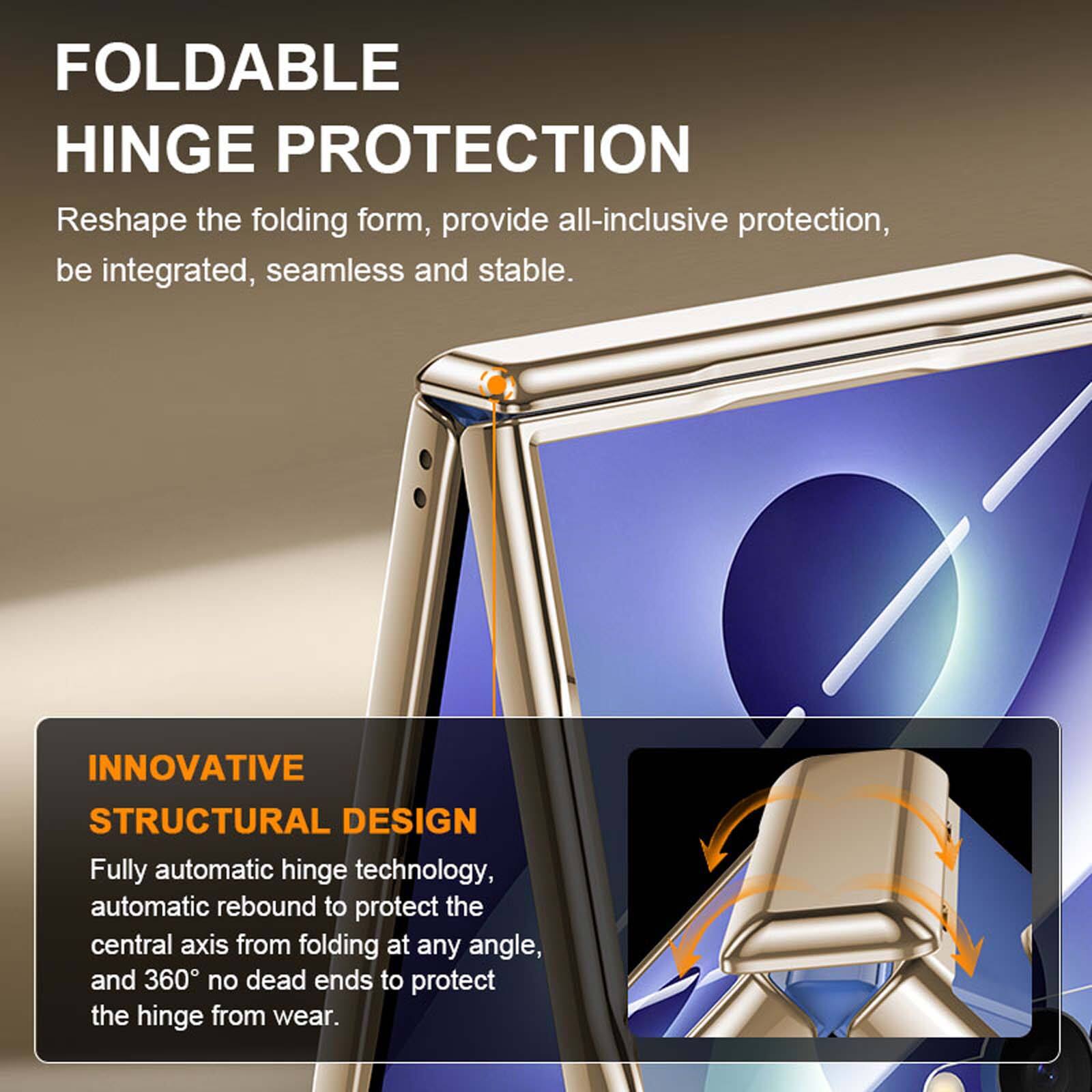 FOLDABLE HINGE PROTECTION  
Reshape the folding form, provide all-inclusive protection, be integrated, seamless and stable.  

INNOVATIVE STRUCTURAL DESIGN  
Fully automatic hinge technology, automatic rebound to protect the central axis from folding at any angle, and 360° no dead ends to protect the hinge from wear.