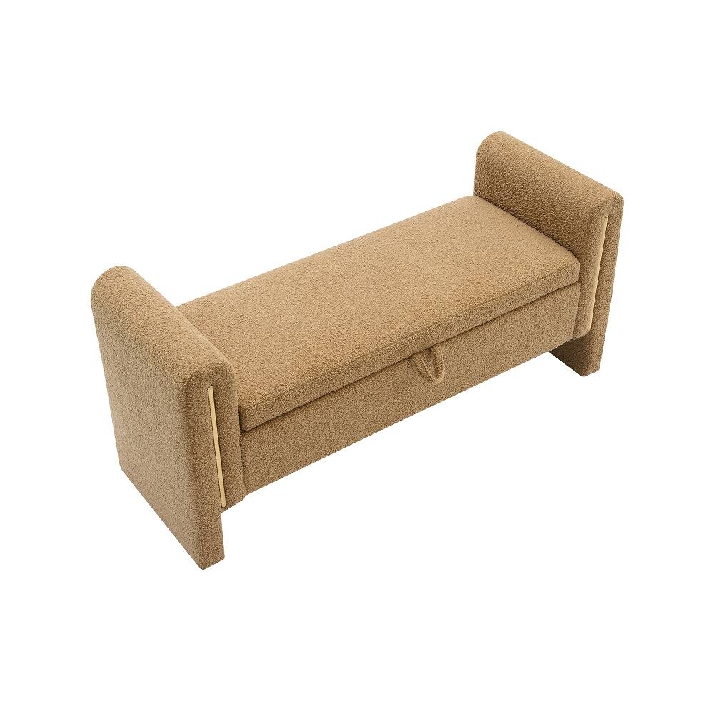 Alt View 2. Ropilly - Modern Teddy Bed End Bench with Storage, Upholstered Foot Rest Stool, Comfy Window Vanity Bench with Arms - Coffee.