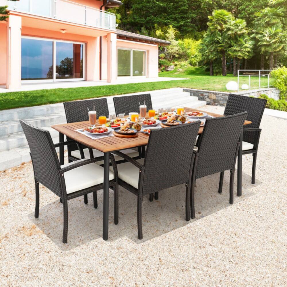 Angle. Mondawe - 7 Pieces Patio Wicker Cushioned Dining Set with Umbrella Hole - Natural, Black, Mix Brown.
