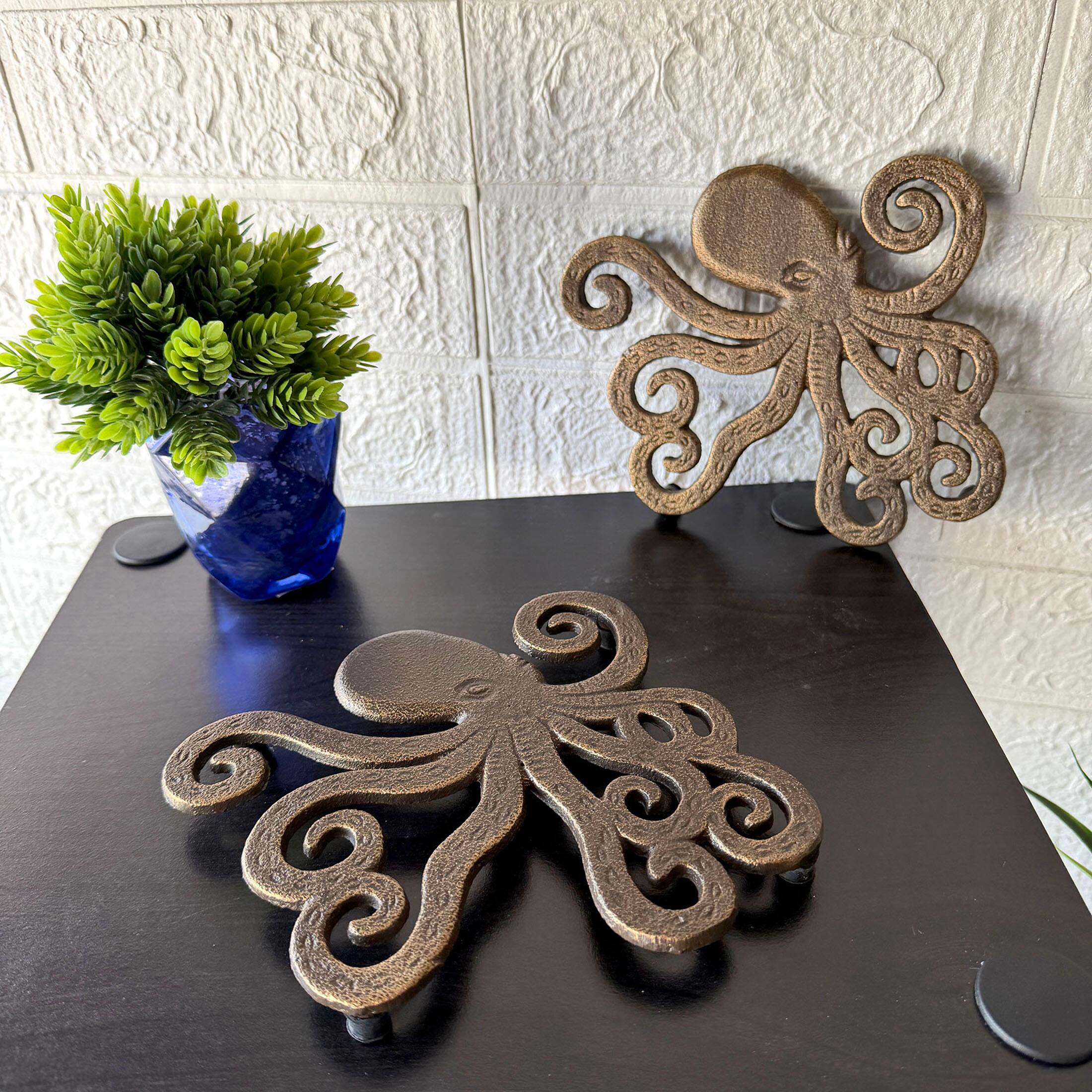 Alt View 3. Things2Die4 - Octopus Trivet Set of 2 Bronze Cast Iron Coastal Kitchen Decor 6.5 In - Bronze.