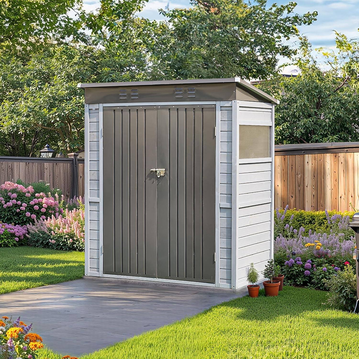 Angle. Yardgrace - 5x3 FT Outdoor Wood Storage Shed with Windows, Waterproof Garden Shed for Backyard Patio, 4 Vents No Floor - Grey.