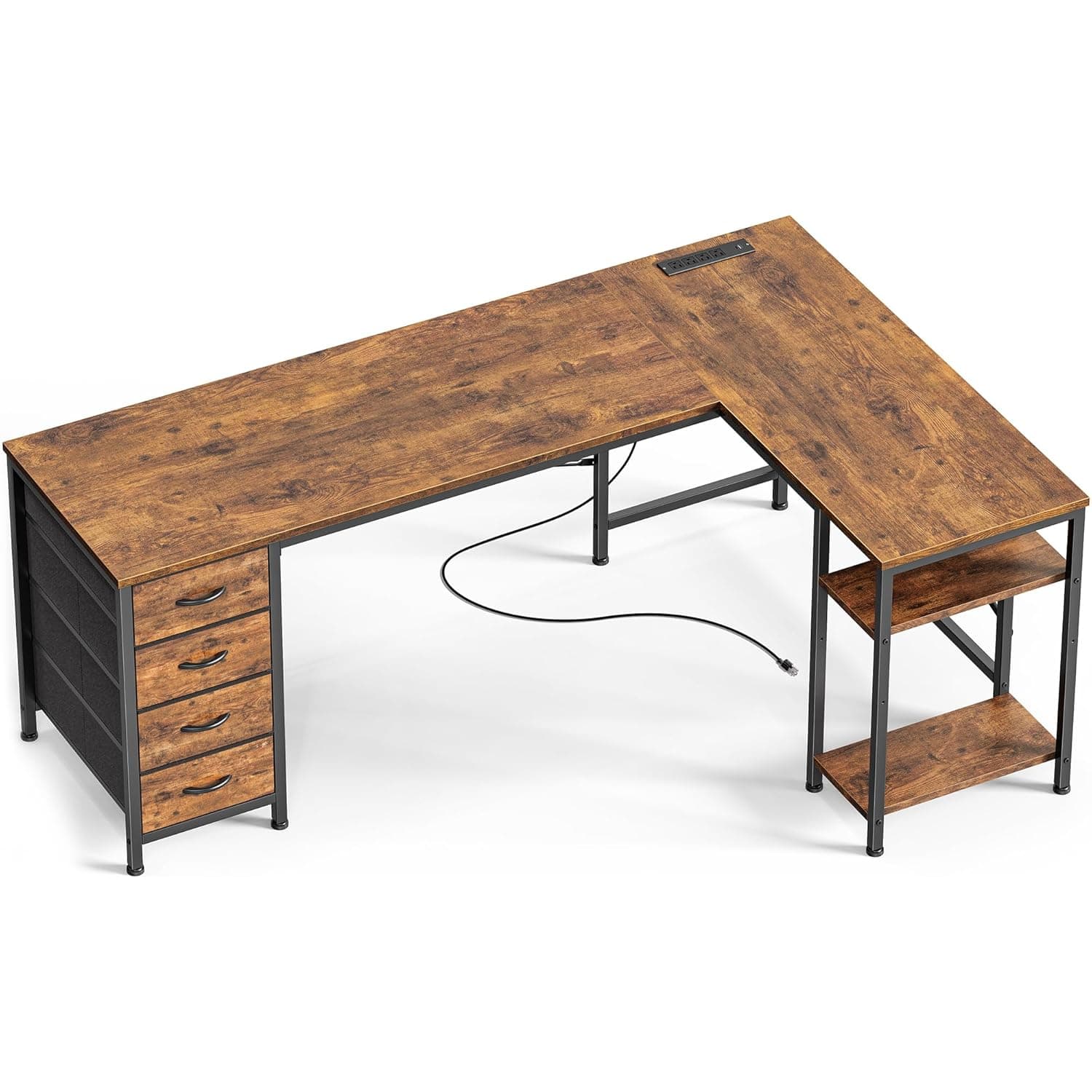 Zell Electronics - 63 Inch L-Shaped DeskFabric Drawers, USB-C, Power Outlets, Shelves & Reversible - Rustic Brown