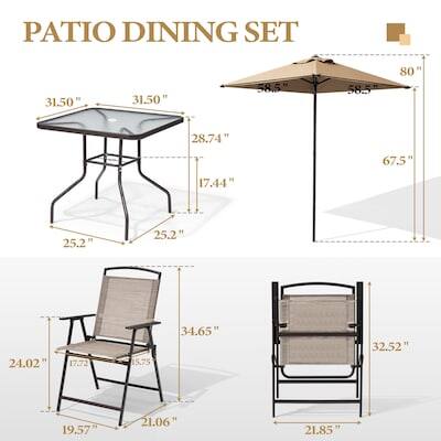 PATIO DINING SET

- Table: 31.50" x 31.50" x 28.74" x 17.44" x 25.2" x 25.2"
- Umbrella: 58.5" x 58.5" x 80" x 67.5"
- Chair: 24.02" x 17.72" x 15.75" x 34.65" x 32.52" x 19.57" x 21.06" x 21.85"