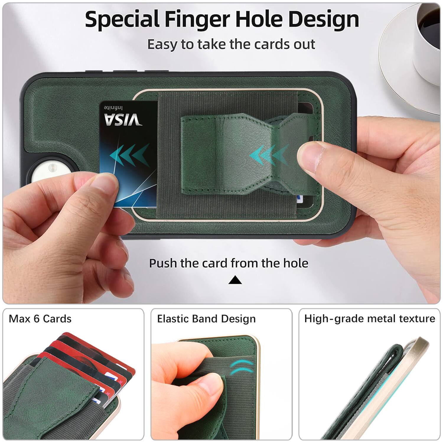 Special Finger Hole Design  
Easy to take the cards out  

Push the card from the hole  

Max 6 Cards  

Elastic Band Design  

High-grade metal texture