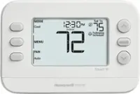The text on the image reads:

MODE: Cool
MENU: FAN
Auto Set To 12:30 PM
75 Indoor
Following Schedule
72 Smart
HOLD Honeywell Home