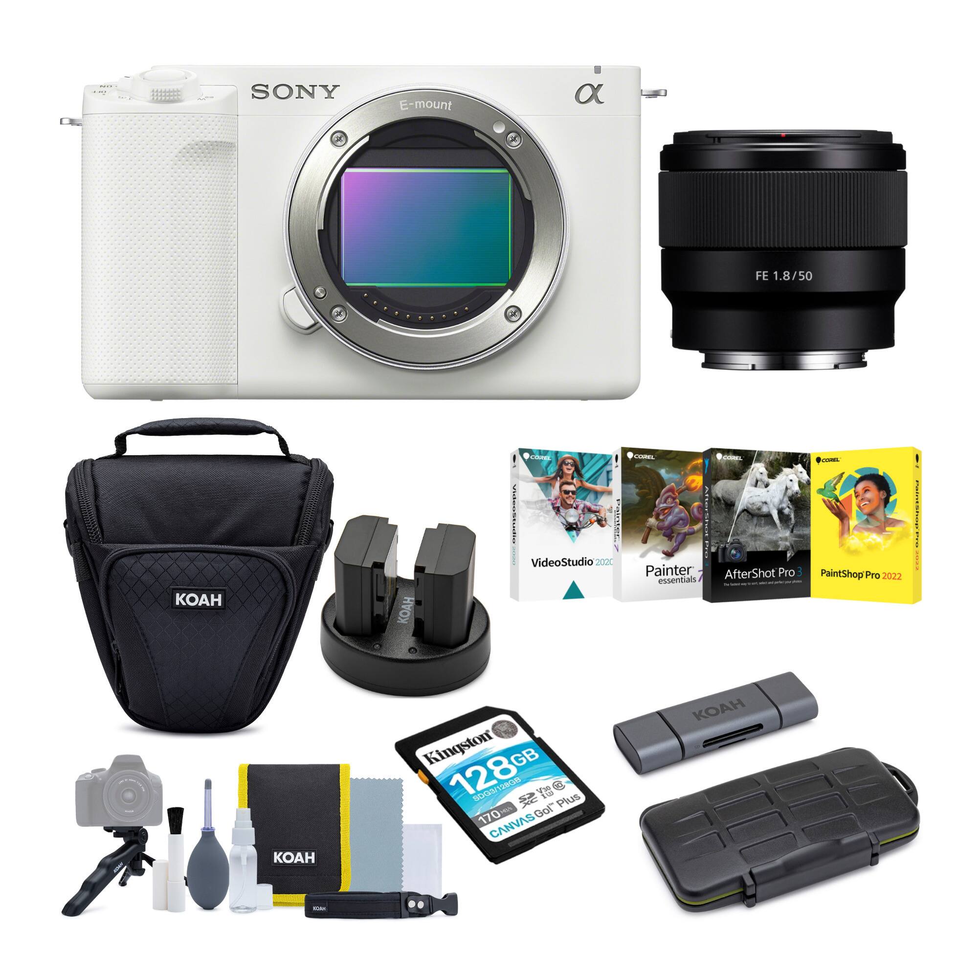 SONY E-mount  
FE 1.8/50  
KOAH  
VideoStudio 2020  
Painter essentials  
AfterShot Pro 3  
PaintShop Pro 2022  
Kingston 128GB SD card  
CANVAS 170 Go!  
KOAH