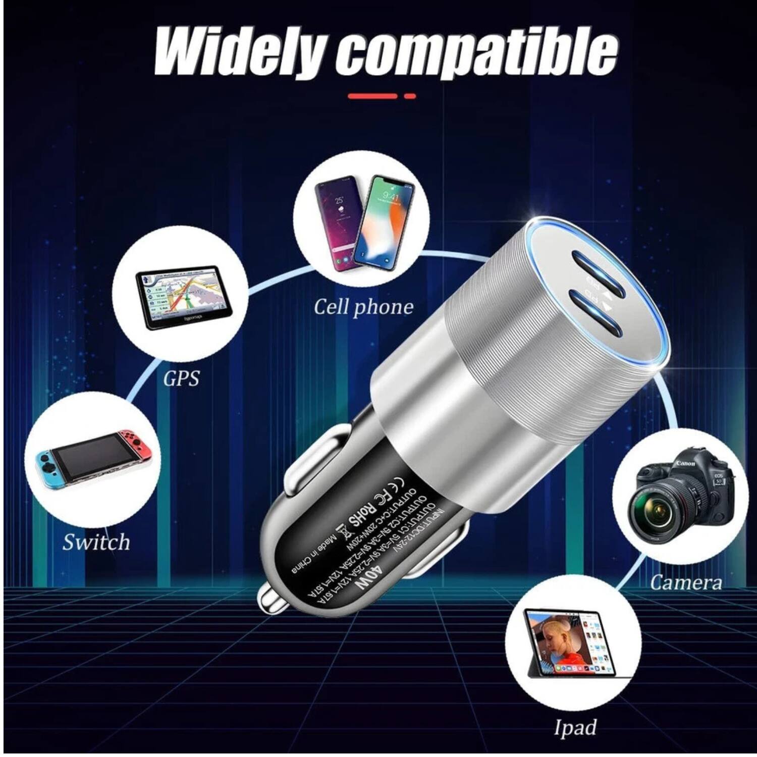 Widely compatible

- Cell phone
- GPS
- Switch
- Camera
- Ipad

OUTPUT: C+C OUTPU
RoHS
9 x SOM+SOM
VE=NG
T-C2
OUTPUT-CI
Made in China
9V=2.25A
Z N8
25A
STA
IA
12V1
40W
STA
Cool