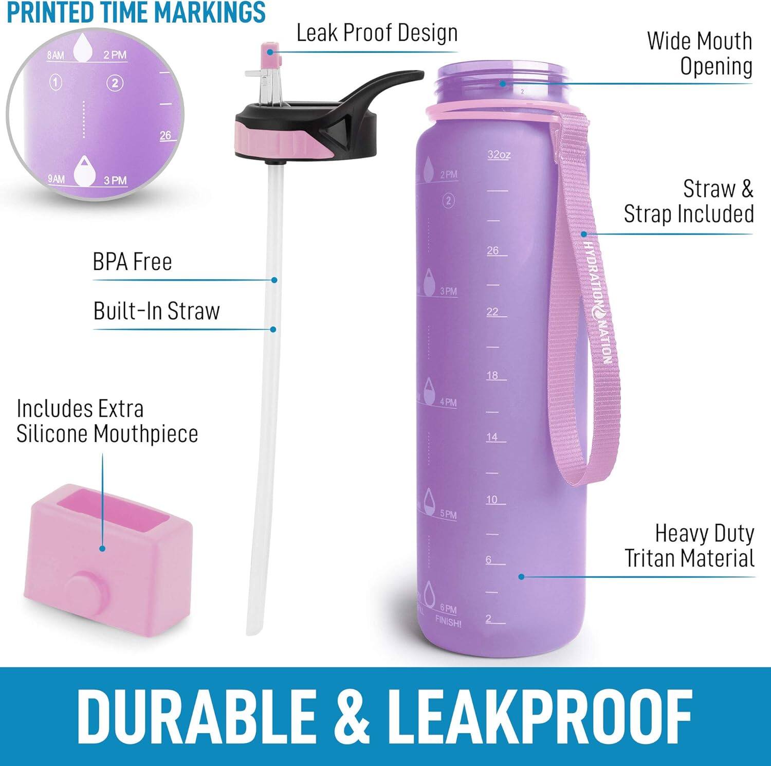 PRINTED TIME MARKINGS  
Leak Proof Design  
Wide Mouth Opening  
BPA Free  
Built-In Straw  
Includes Extra Silicone Mouthpiece  
Heavy Duty Tritan Material  

8AM 2 PM  
9AM 3 PM  
2PM 2 3PM  
4PM 14 | 5PM 10 6  
FINISH!  

26 32oz  
26 22 | 18  
Straw & Strap Included  

DURABLE & LEAKPROOF