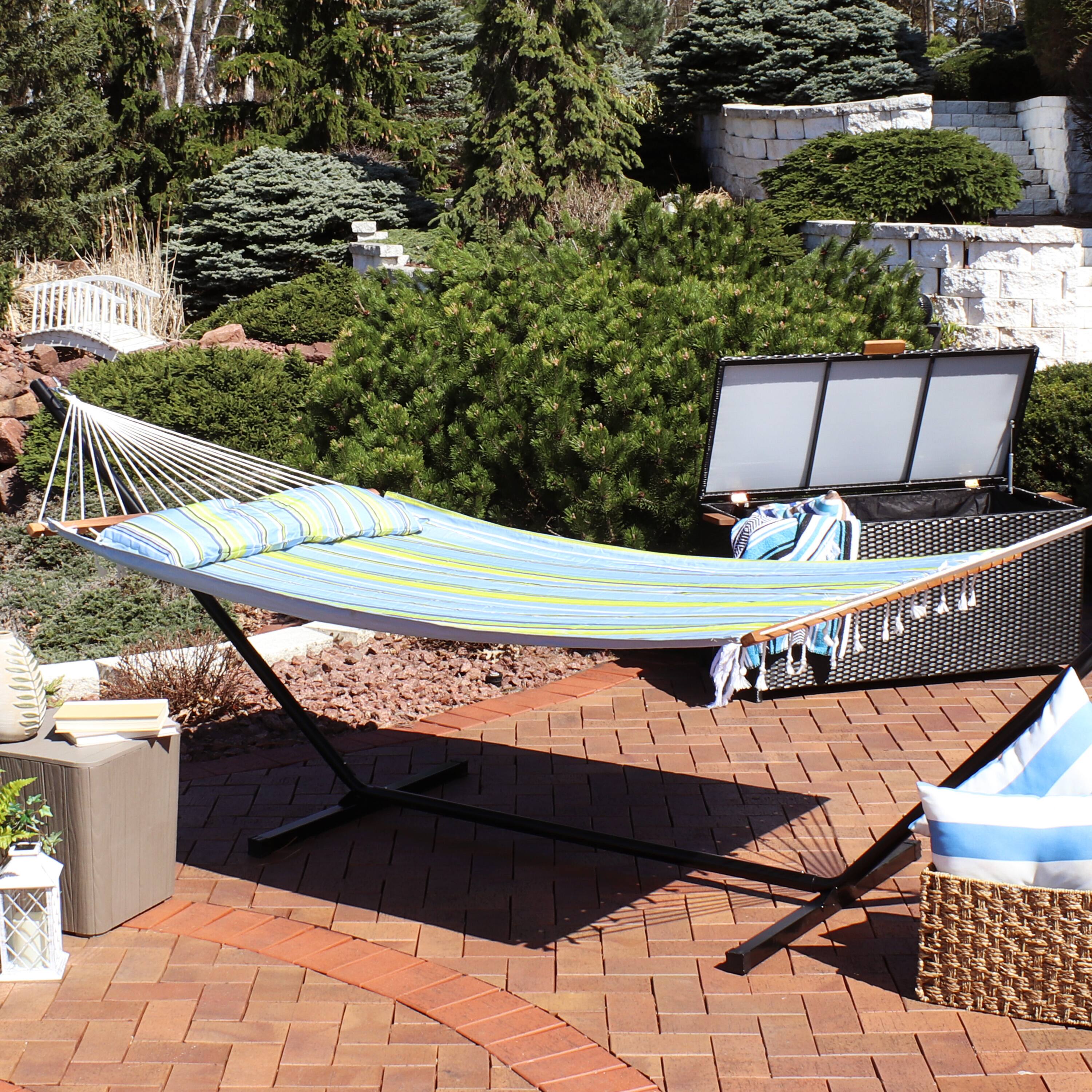 Alt View 7. Sunnydaze - Large Quilted Fabric Hammock with Spreader Bars - Blue and Green.
