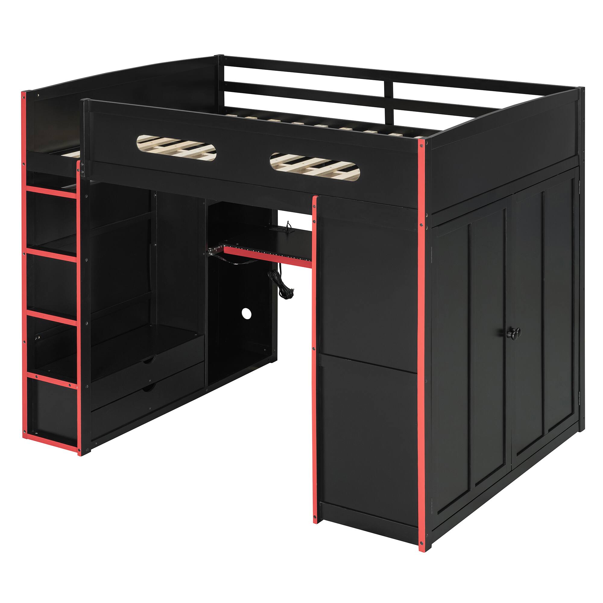 Alt View 1. Anysun - Full Size Wood Loft Bed with Desk,Wardrobe,Ample Storage Space,and RGB Light - Red.