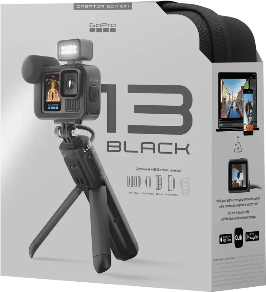 CREATOR EDITION GoPro 13 BLACK. Optional HB-Series Lenses. DIII I NO Filters. Ultra Wide to Anamorphic. GoPro S charging station. Auto-upload to the cloud. You can fresh your edit Quik mobile and desktng app with the Settial . App Store Quik 13 Googe Pey be seice - - Y derl d - Se  Mo - A