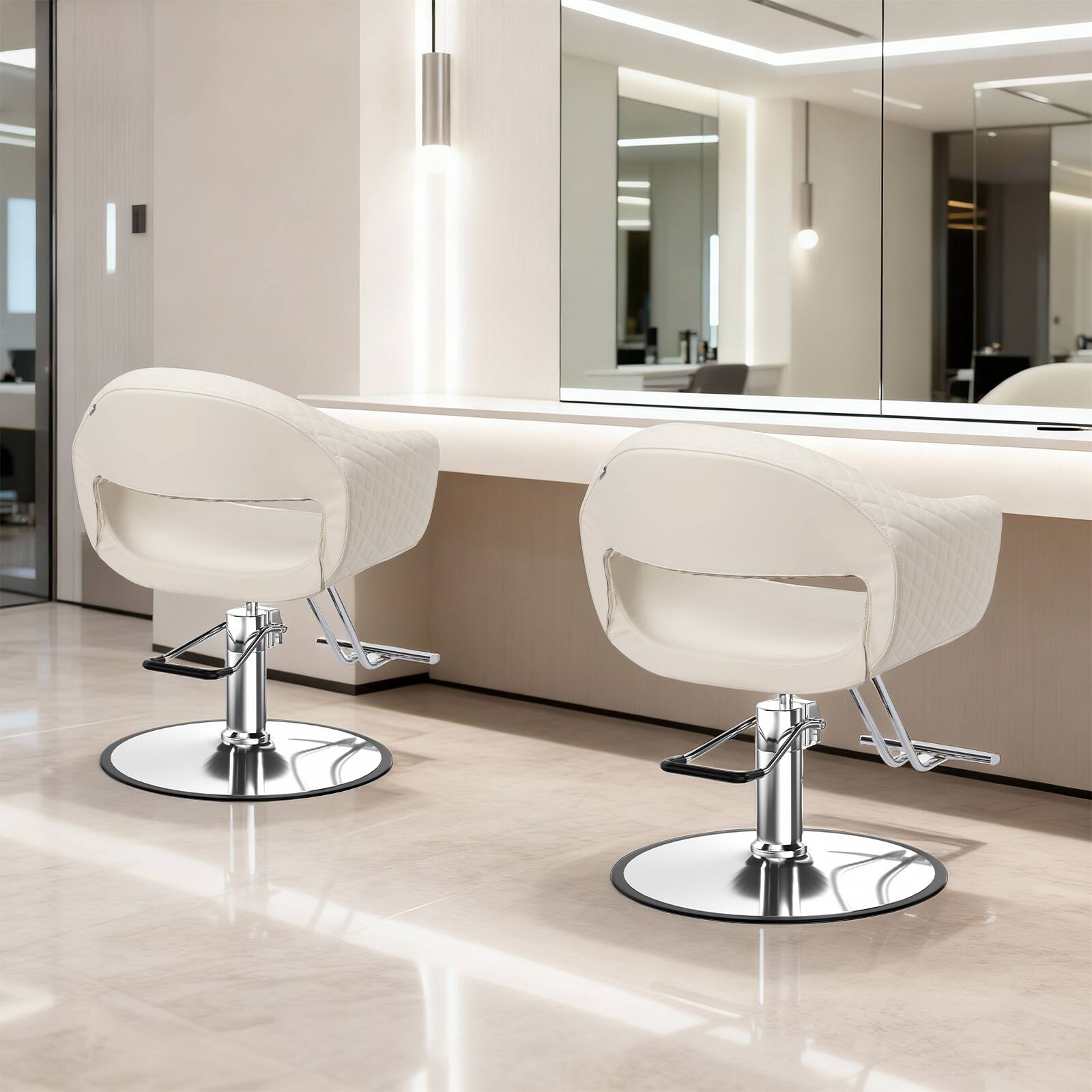 Back. Winado - Salon Hydraulic Chair Barber Chair with Diamond Stitching Faux Leather, Memory Foam, Open Back, Wide Armrests, Footrest - Light Khaki & Silver.