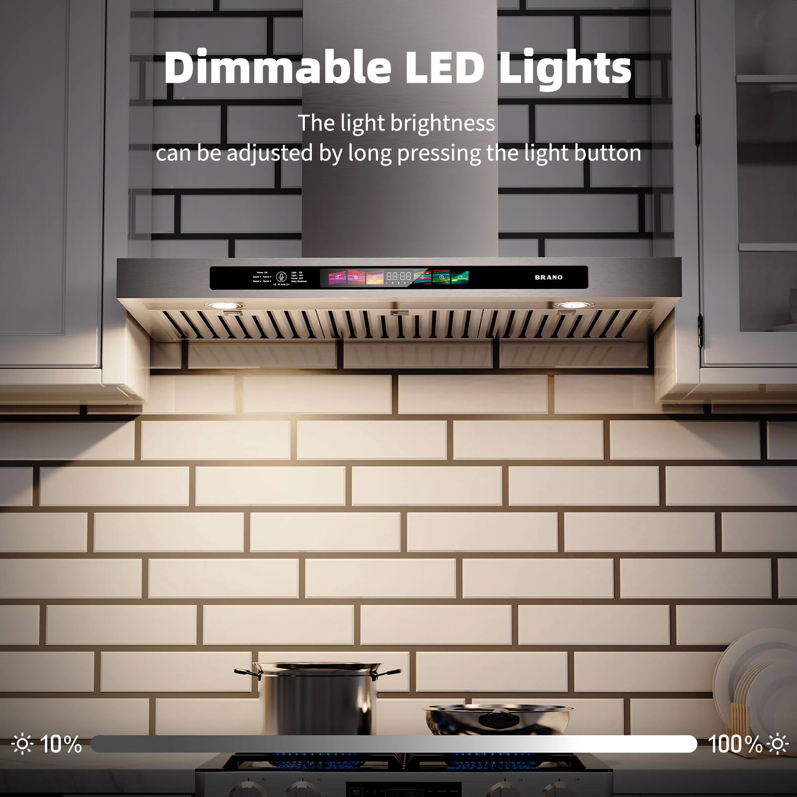 Dimmable LED Lights

The light brightness can be adjusted by long pressing the light button.