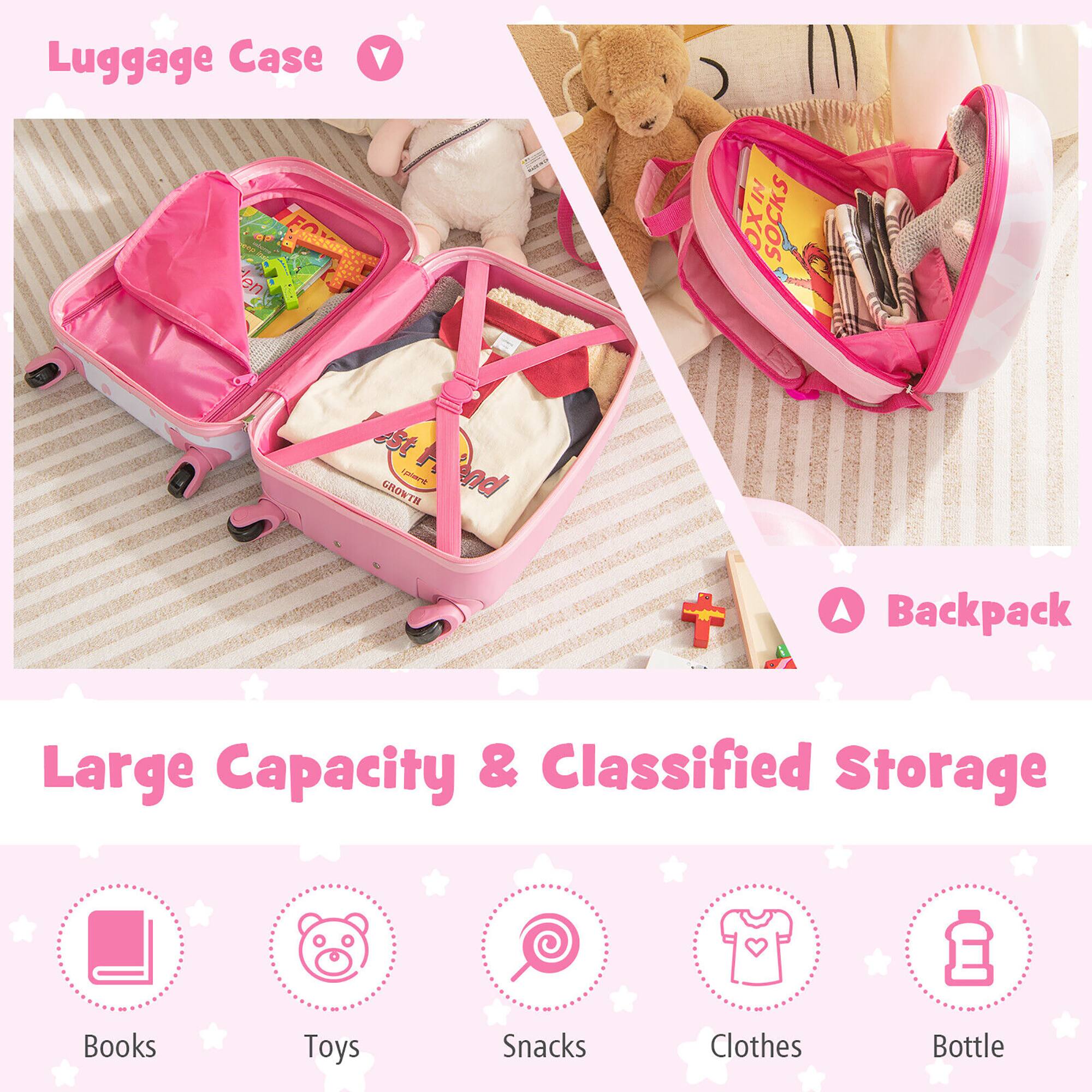 Luggage Case  
Backpack  

Large Capacity & Classified Storage  

Books  
Toys  
Snacks  
Clothes  
Bottle