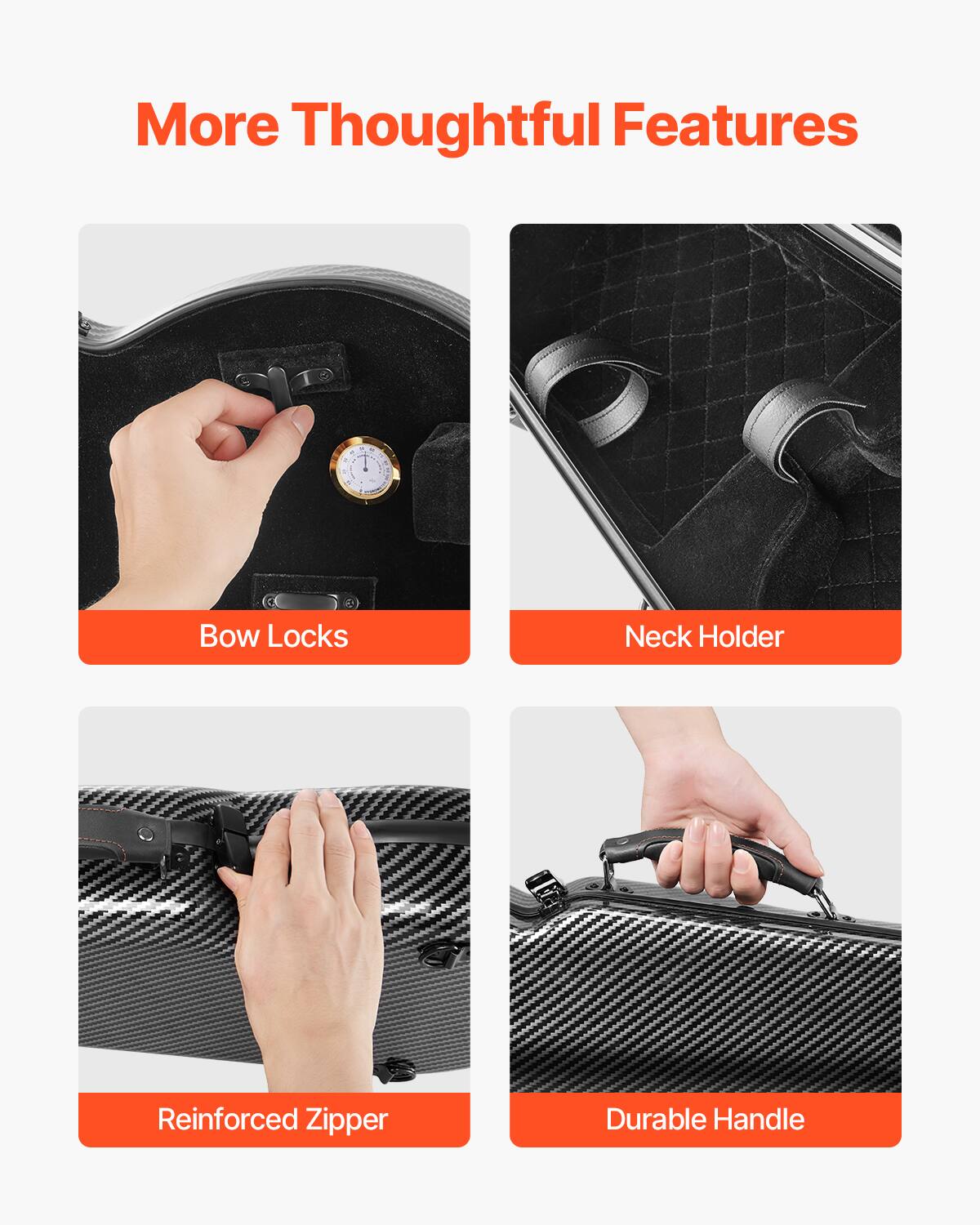 More Thoughtful Features

- Bow Locks
- Neck Holder
- Reinforced Zipper
- Durable Handle