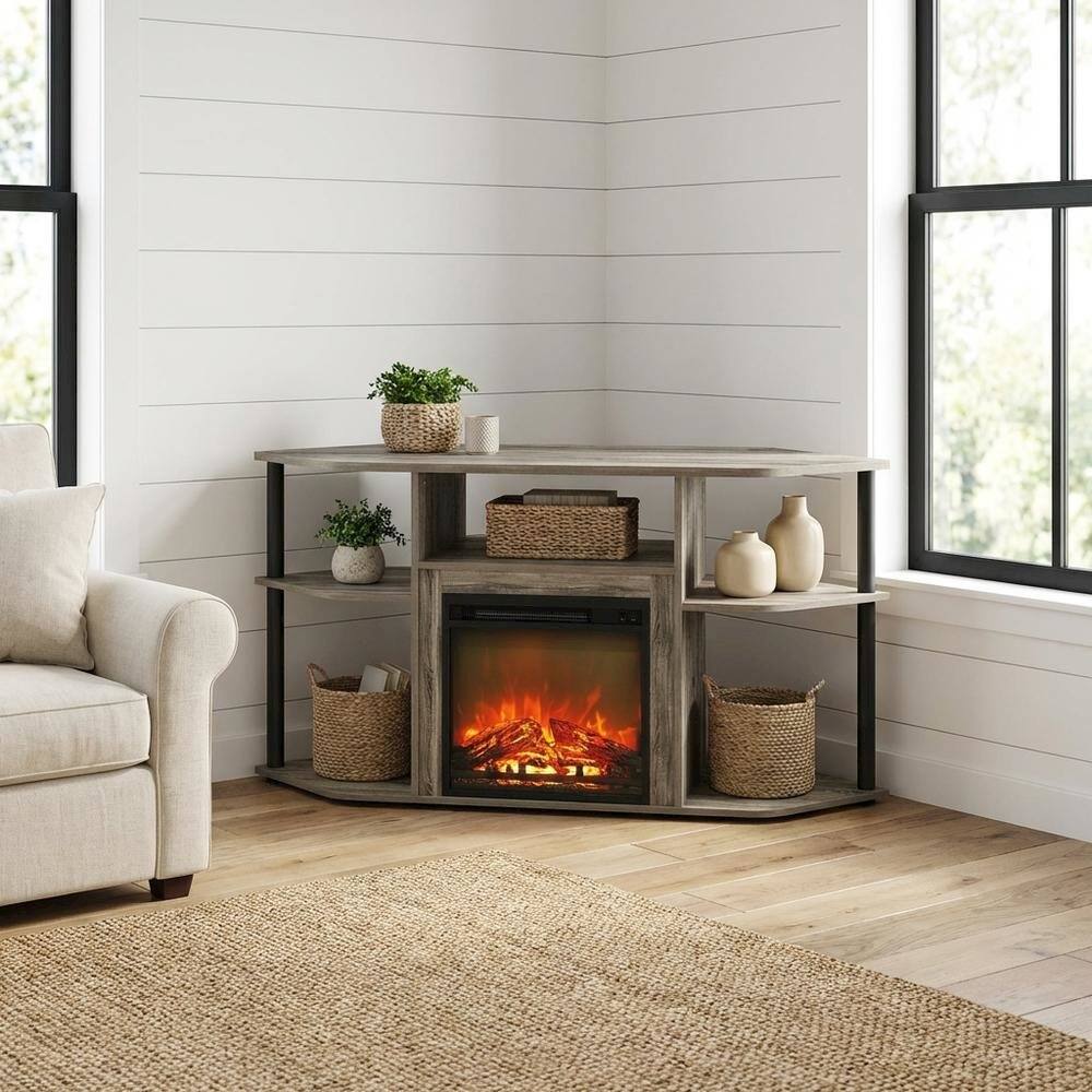 Alt View 1. FurniFact - Gray open storage corner fireplace TV stand, 55-inch screens, wood veneer finish - Gray.