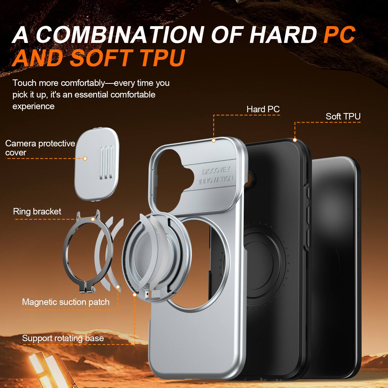 A COMBINATION OF HARD PC AND SOFT TPU

Touch more comfortably—every time you pick it up, it's an essential comfortable experience

Camera protective cover
Ring bracket
Magnetic suction patch
Support rotating base

Hard PC
Soft TPU