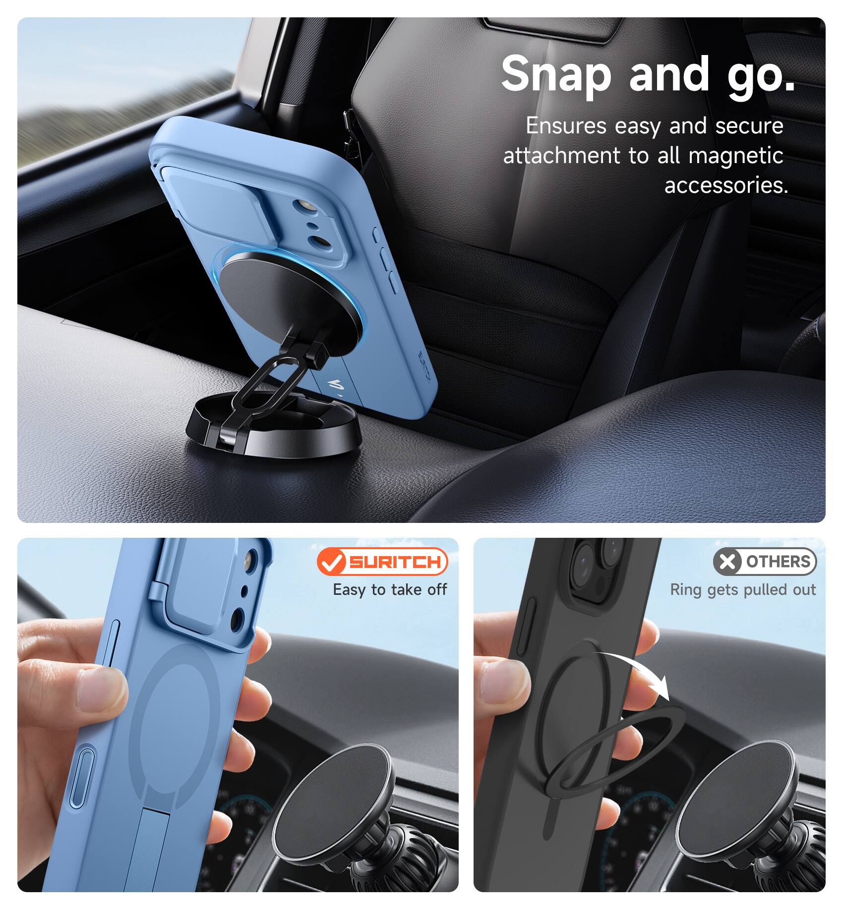 Snap and go.  
Ensures easy and secure attachment to all magnetic accessories.  

SURITCH  
Easy to take off  

OTHERS  
Ring gets pulled out