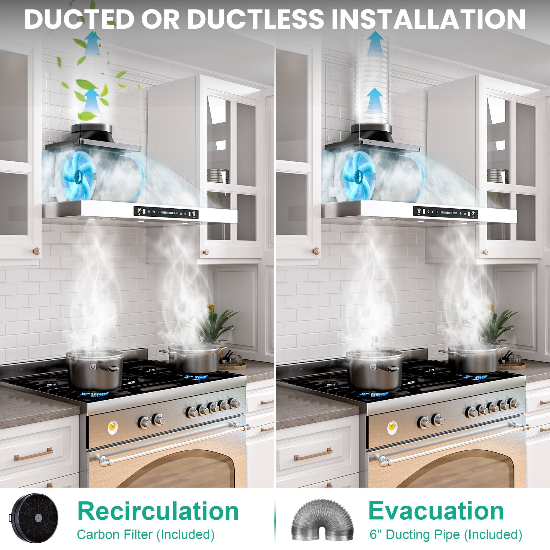 DUCTED OR DUCTLESS INSTALLATION

Recirculation
Carbon Filter (Included)

Evacuation
6" Ducting Pipe (Included)
