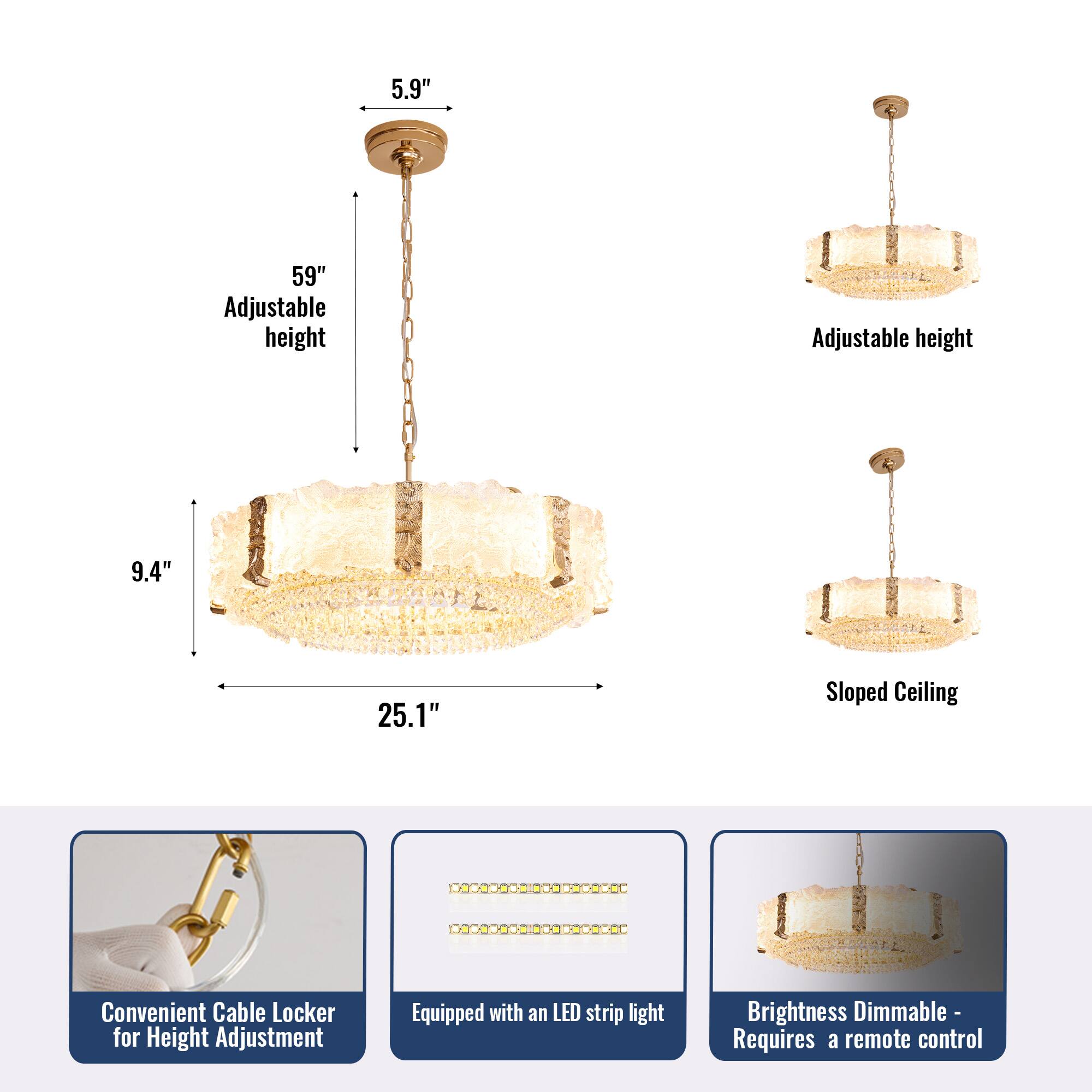 5.9" 59" Adjustable height 9.4" 25.1" Sloped Ceiling Convenient Cable Locker for Height Adjustment Equipped with an LED strip light Brightness Dimmable - Requires a remote control