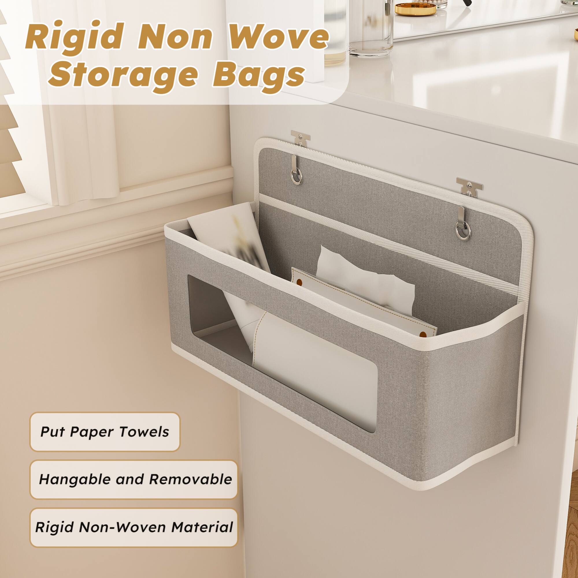 Rigid Non-Woven Storage Bags

- Put Paper Towels
- Hangable and Removable
- Rigid Non-Woven Material