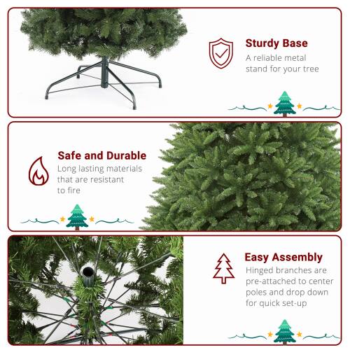 Sturdy Base  
A reliable metal stand for your tree  

Safe and Durable  
Long-lasting materials that are resistant to fire  

Easy Assembly  
Hinged branches are pre-attached to center poles and drop down for quick set-up