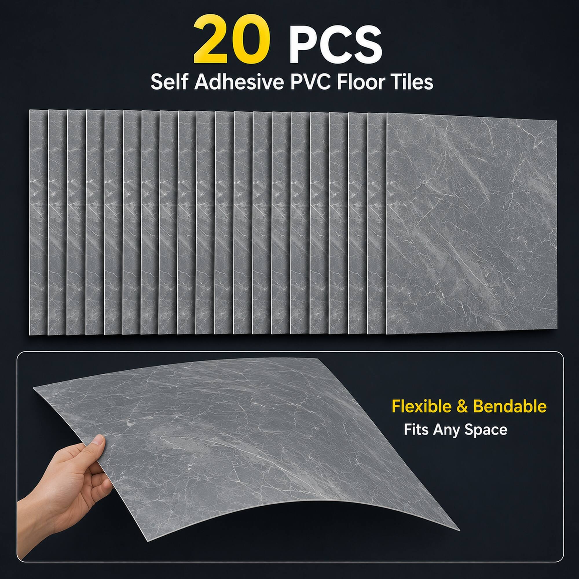 20 PCS Self Adhesive PVC Floor Tiles Flexible & Bendable Fits Any Space