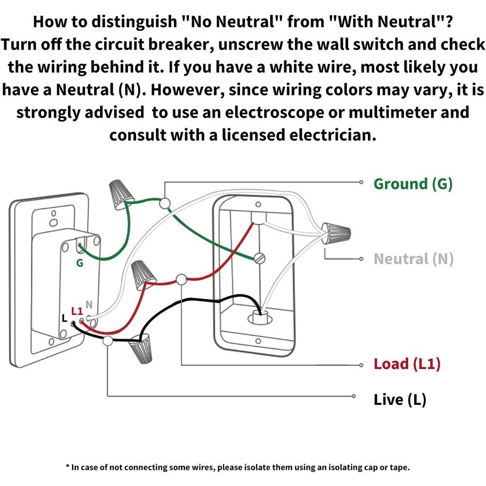 How to distinguish "No Neutral" from "With Neutral"?

Turn off the circuit breaker, unscrew the wall switch, and check the wiring behind it. If you have a white wire, most likely you have a Neutral (N). However, since wiring colors may vary, it is strongly advised to use an electroscope or multimeter and consult with a licensed electrician.

- Ground (G)
- Neutral (N)
- Load (L1)
- Live (L)

*In case of not connecting some wires, please isolate them using an isolating cap or tape.