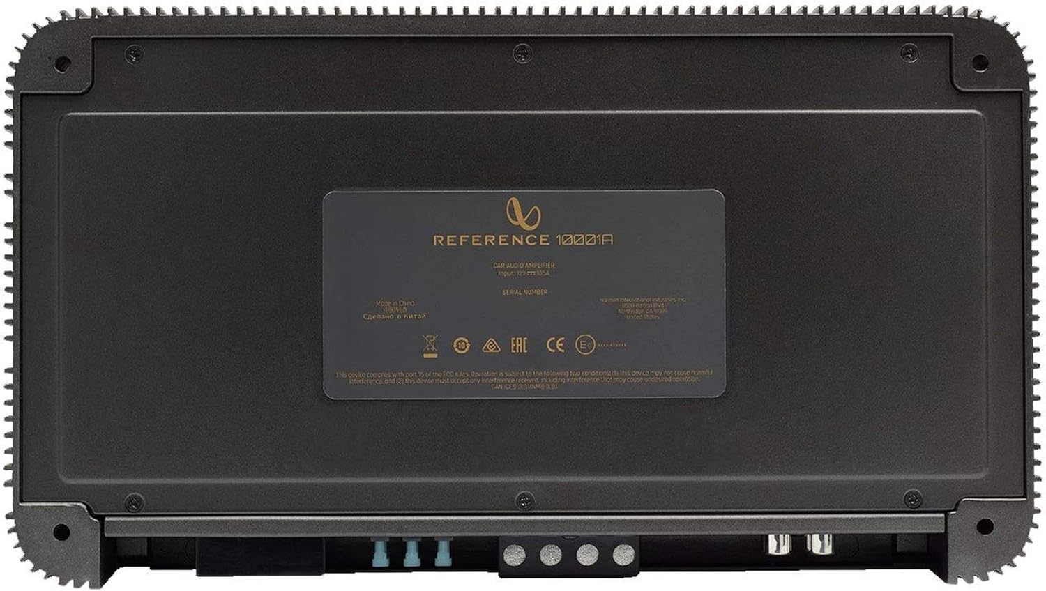 Sure, here is the corrected and grouped text from the image:

---

**REFERENCE 10001A**

**CAR AUDIO**

**AMPLIFIER**

**MODEL NUMBER:** 10001A

**SERIAL NUMBER:** 10

**CE**

**EAC**

**This device may not cause harmful interference.**

**This device may not cause harmful interference. If this device does cause harmful interference to radio or television reception, which can be determined by turning the device off and on, the user is encouraged to try to correct the interference by one or more of the following measures:**

- Reorient the receiving antenna.
- Relocate the device.
- Consult the dealer or an experienced radio/TV technician for help.

**Made in China**

**Designed in France**

**© 2021**

---

This text is organized to reflect the information as it appears on the device.