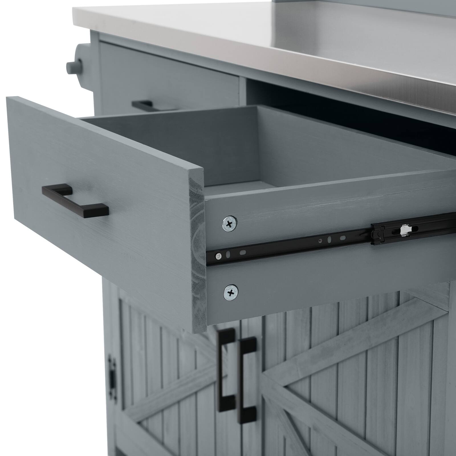 Alt View 4. Chateau Abodes - 54.1" Outdoor Kitchen Island with High Shelf, Stainless Steel Top & Storage Cabinet & Lockable Wheels - Grey Blue.