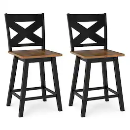 Gymax - 24'' Swivel Barstools Set of 2 w/Backrest Large Seat Footrest for Kitchen Island Walnut - Black