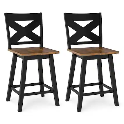 Front. Gymax - Gymax 24'' Swivel Barstools Set of 2 w/Backrest Large Seat Footrest for Kitchen Island Black & Walnut - Black.