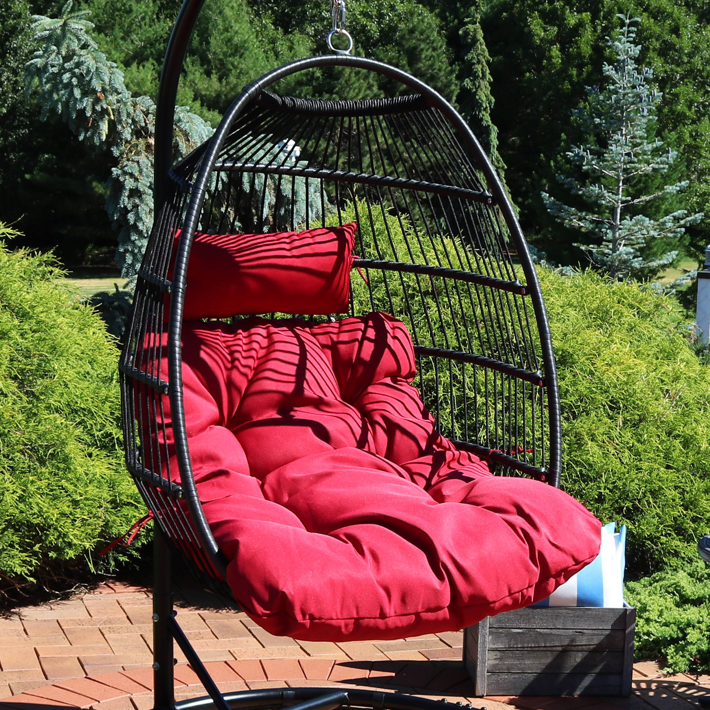 Alt View 3. Sunnydaze - Black Polyethylene Wicker Hanging Egg Chair with Cushions - Red.