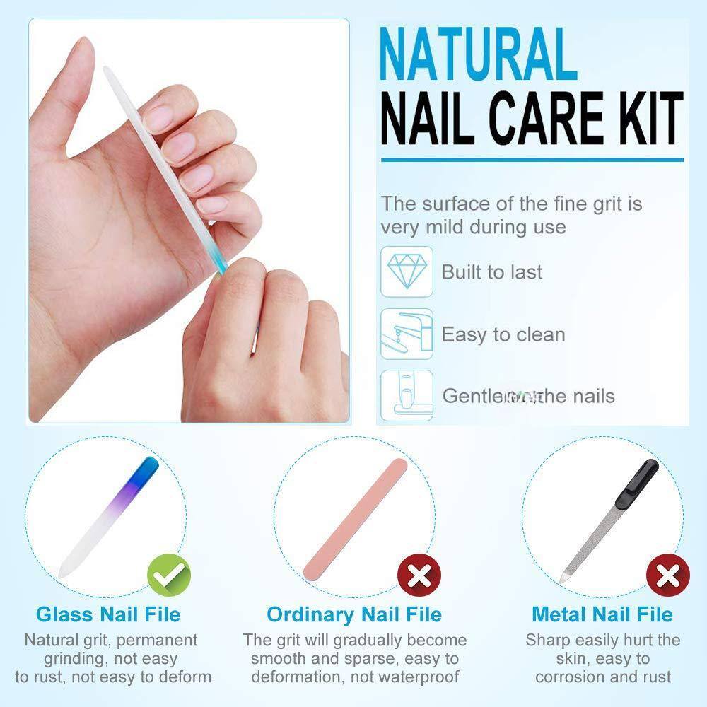 **NATURAL NAIL CARE KIT**

- The surface of the fine grit is very mild during use
- Built to last
- Easy to clean
- Gentle on the nails

**Glass Nail File**
- Natural grit, permanent grinding, not easy to rust, not easy to deform

**Ordinary Nail File**
- The grit will gradually become smooth and sparse, easy to deformation, not waterproof

**Metal Nail File**
- Sharp easily hurt the skin, easy to corrosion and rust