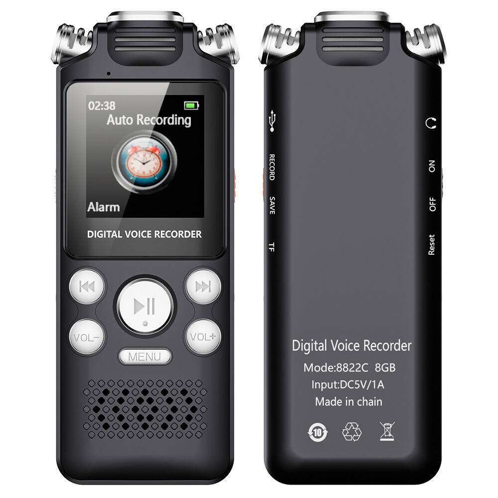 02:38 Auto Recording  
Alarm  
DIGITAL VOICE RECORDER  

Digital Voice Recorder  
Mode: 8822C  
8GB  
Input: DC5V/1A  
Made in China  

RECORD SAVE  
TF Reset  
VOL- MENU VOL+  

ON  
OFF  
RESET