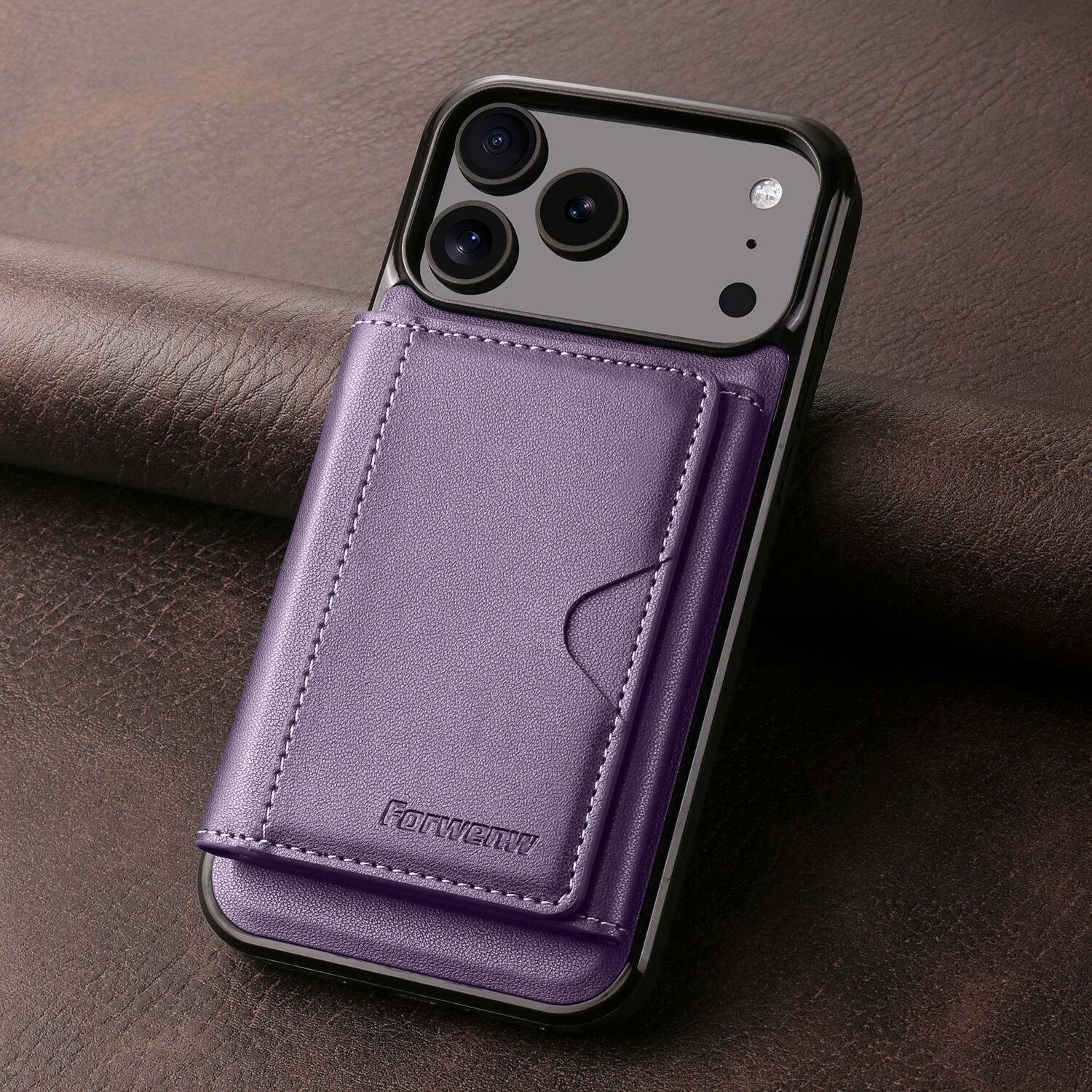 Angle. Dteck - 2-in-1 Magnetic Detachable Wallet Case for Apple iPhone 17 Pro, PU Leather Shockproof Cover with Kickstand - Purple.