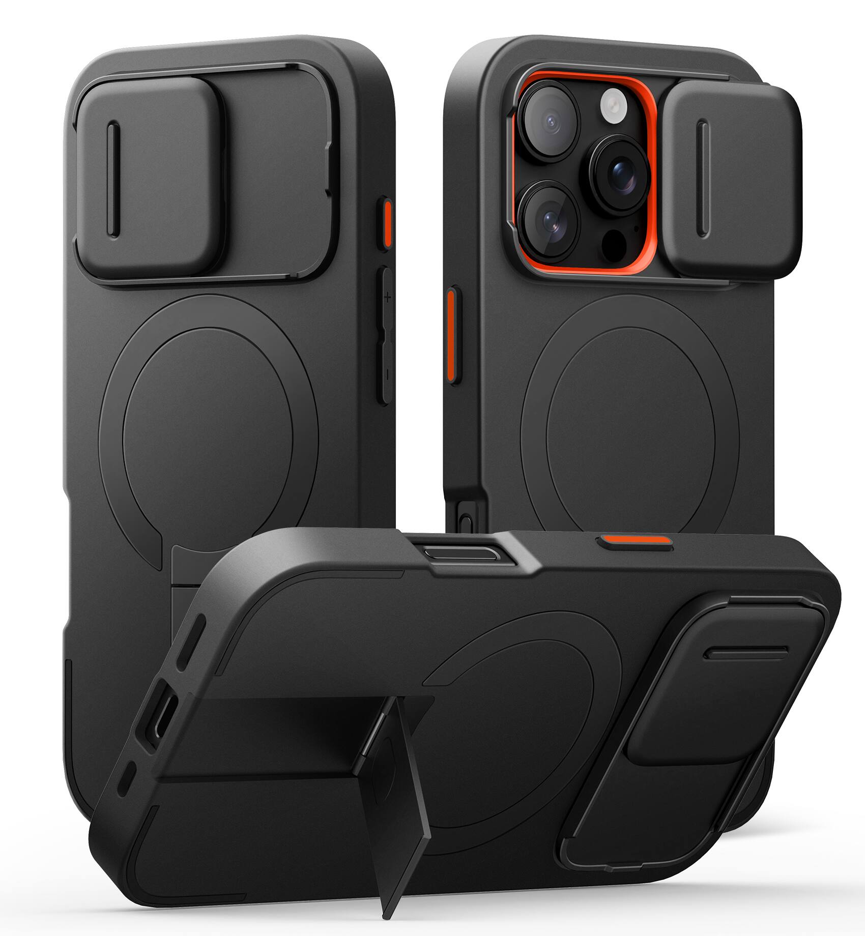 Angle. SURITCH - Bumper Case for iPhone 16 Pro with Camera Cover, Compatible with MagSafe, Kickstand, Shockproof Slim Protective Cover - Aurora Black.