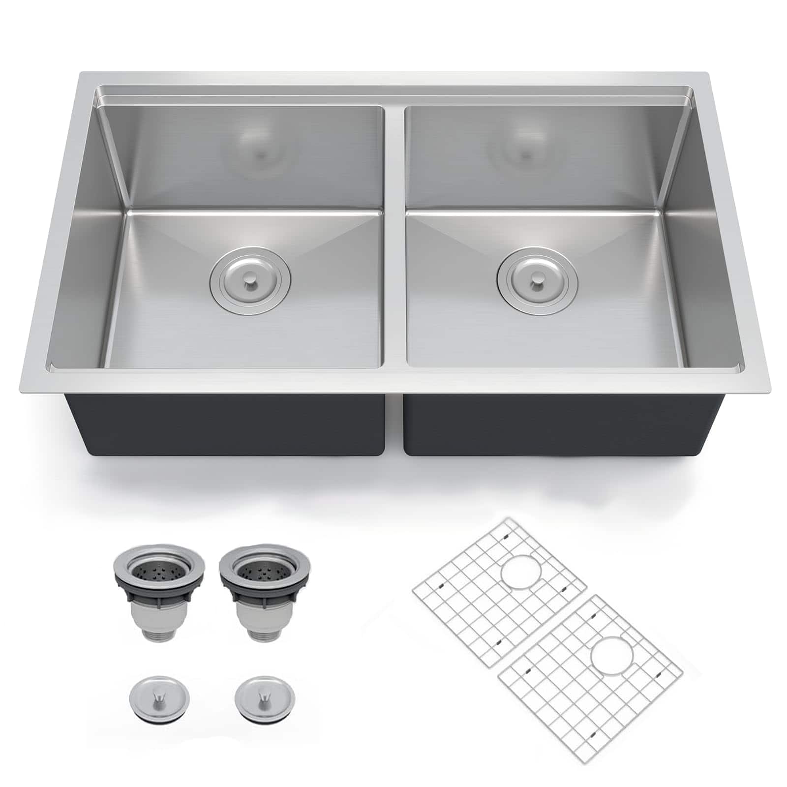 GARVEE - 36 x 19 Inch Undermount Kitchen Sink, Double Bowl 16 Gauge 304 Stainless Steel with Bottom Grid and Drain - Silver