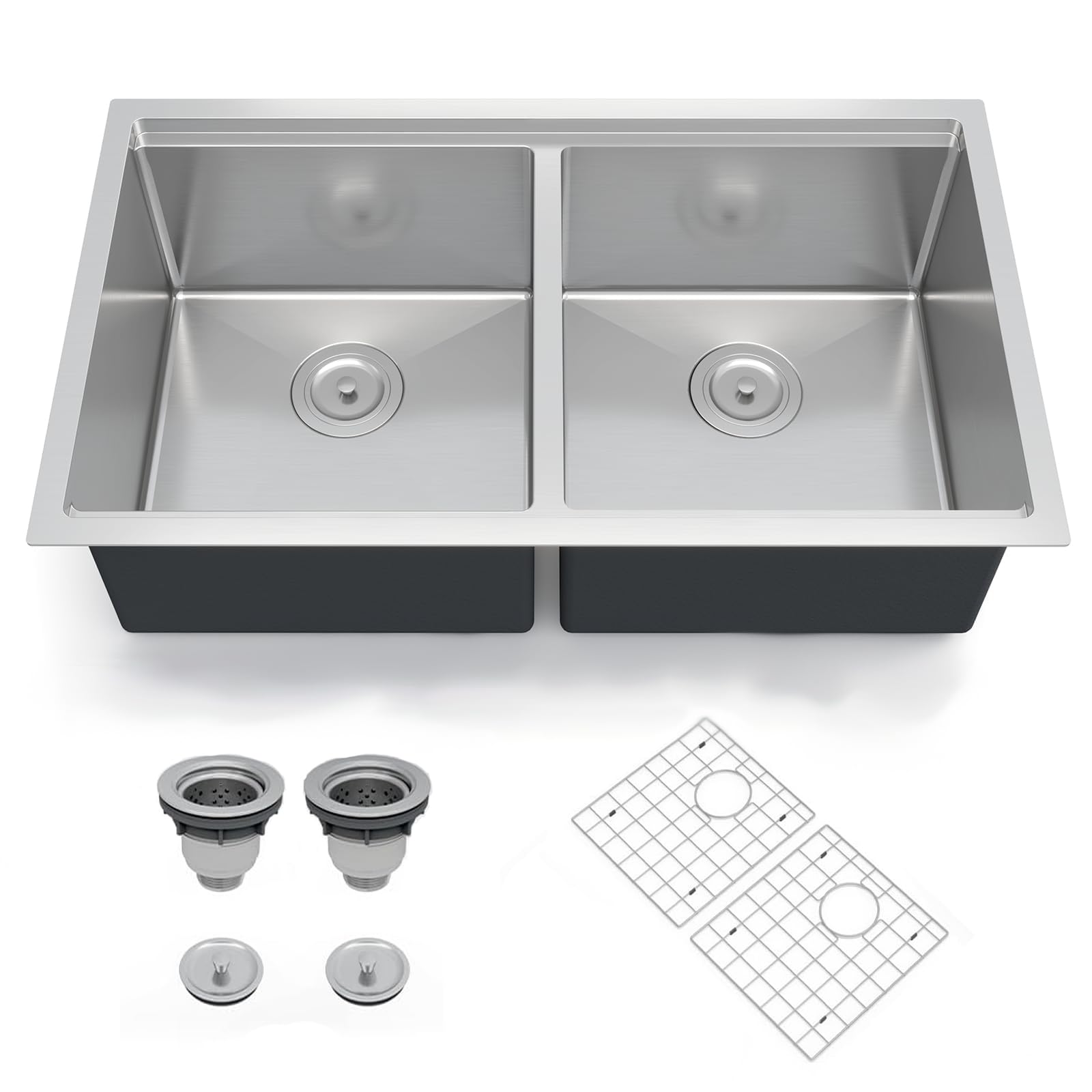 Front. GARVEE - 36 x 19 Inch Undermount Kitchen Sink, Double Bowl 16 Gauge 304 Stainless Steel with Bottom Grid and Drain - Silver.
