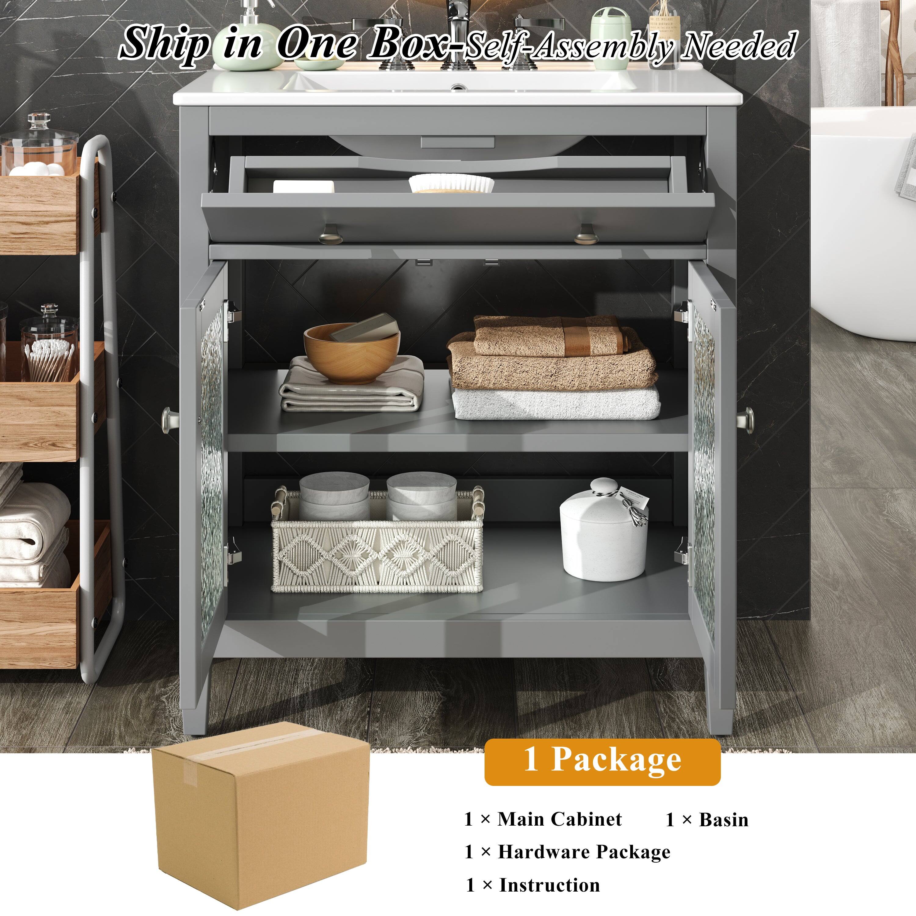 Ship in One Box - Self-Assembly Needed

1 Package

1 x Main Cabinet  
1 x Basin  
1 x Hardware Package  
1 x Instruction